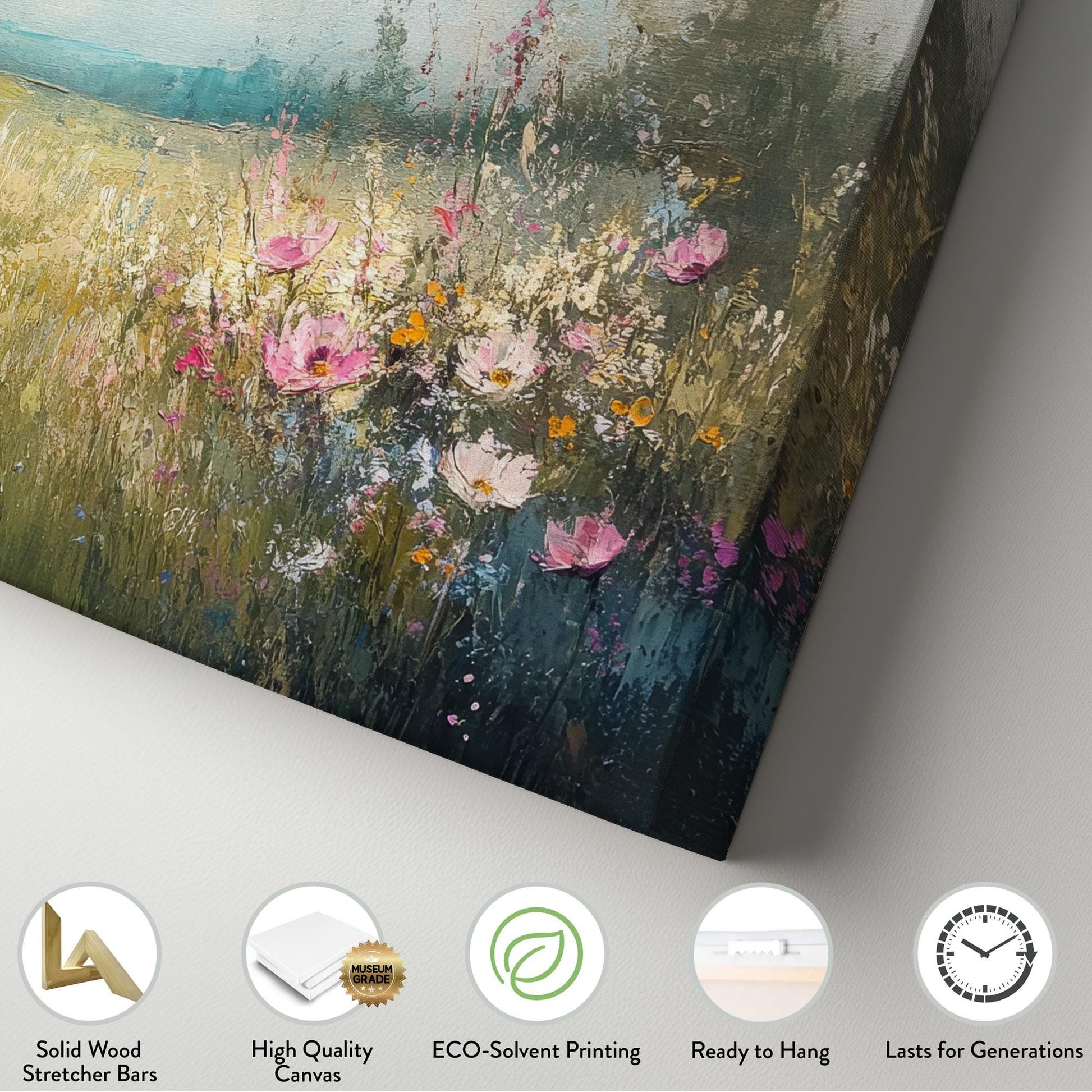 Tranquil Meadow Cosmos Canvas Art | Impasto Floral Print | Bohemian Wall Art For Living Room | Misty Rose Art Horizontal Art