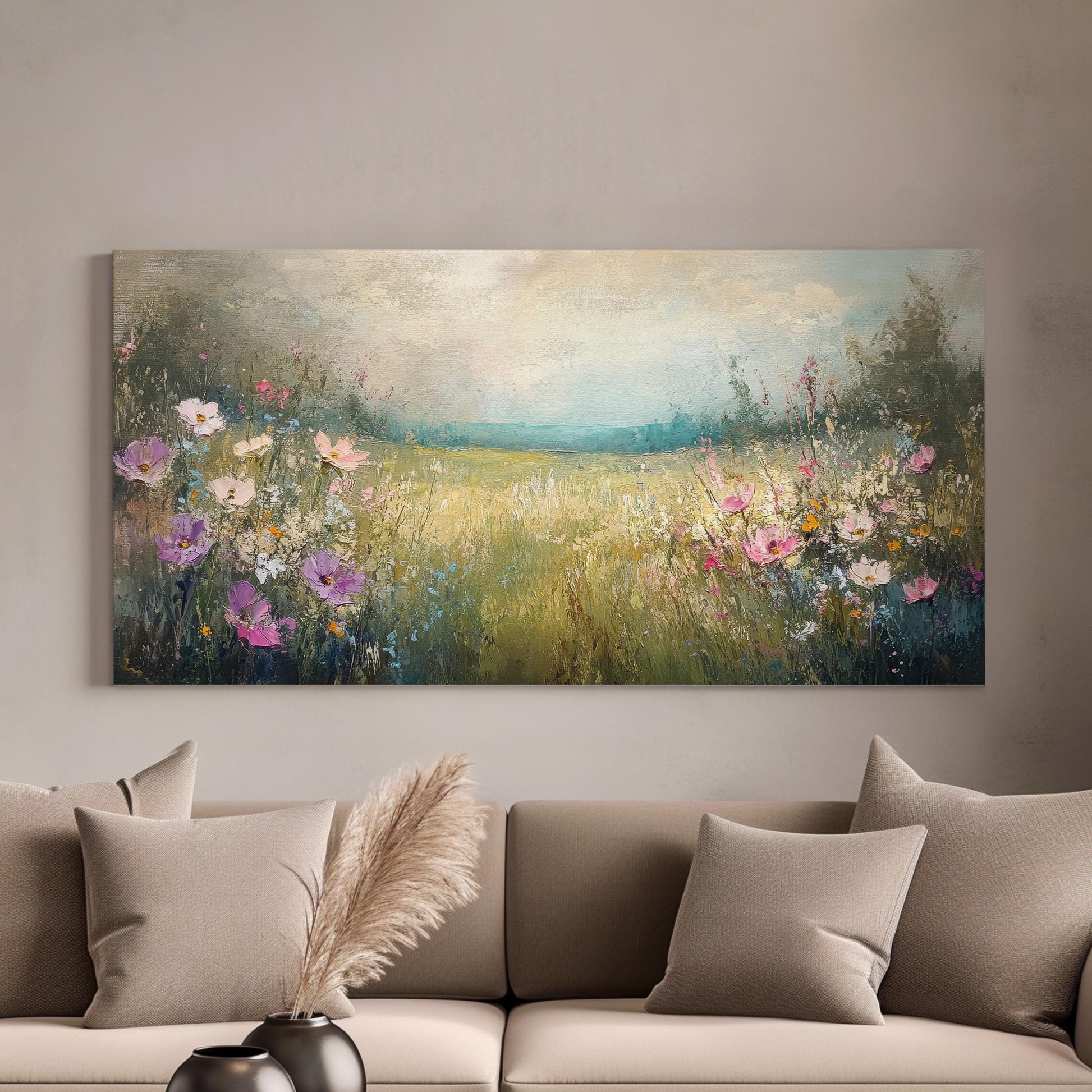 Tranquil Meadow Cosmos Canvas Art | Impasto Floral Print | Bohemian Wall Art For Living Room | Misty Rose Art Horizontal Art