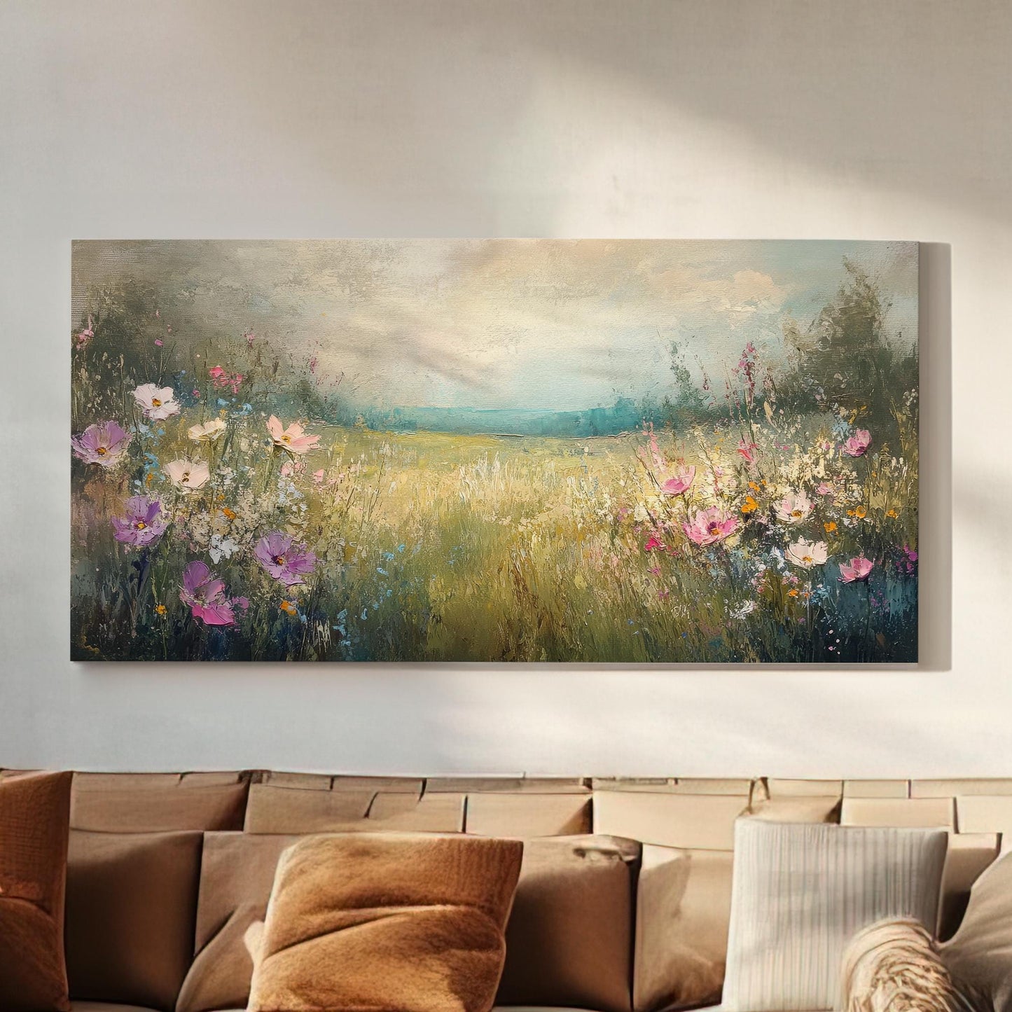 Tranquil Meadow Cosmos Canvas Art | Impasto Floral Print | Bohemian Wall Art For Living Room | Misty Rose Art Horizontal Art