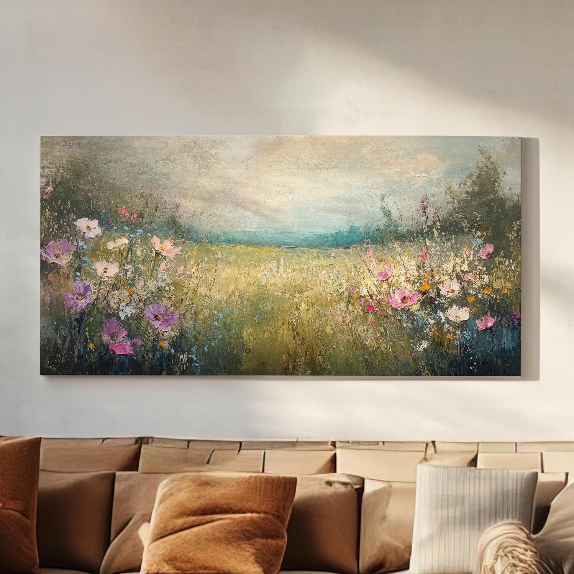 Tranquil Meadow Cosmos Canvas Art | Impasto Floral Print | Bohemian Wall Art For Living Room | Misty Rose Art Horizontal Art
