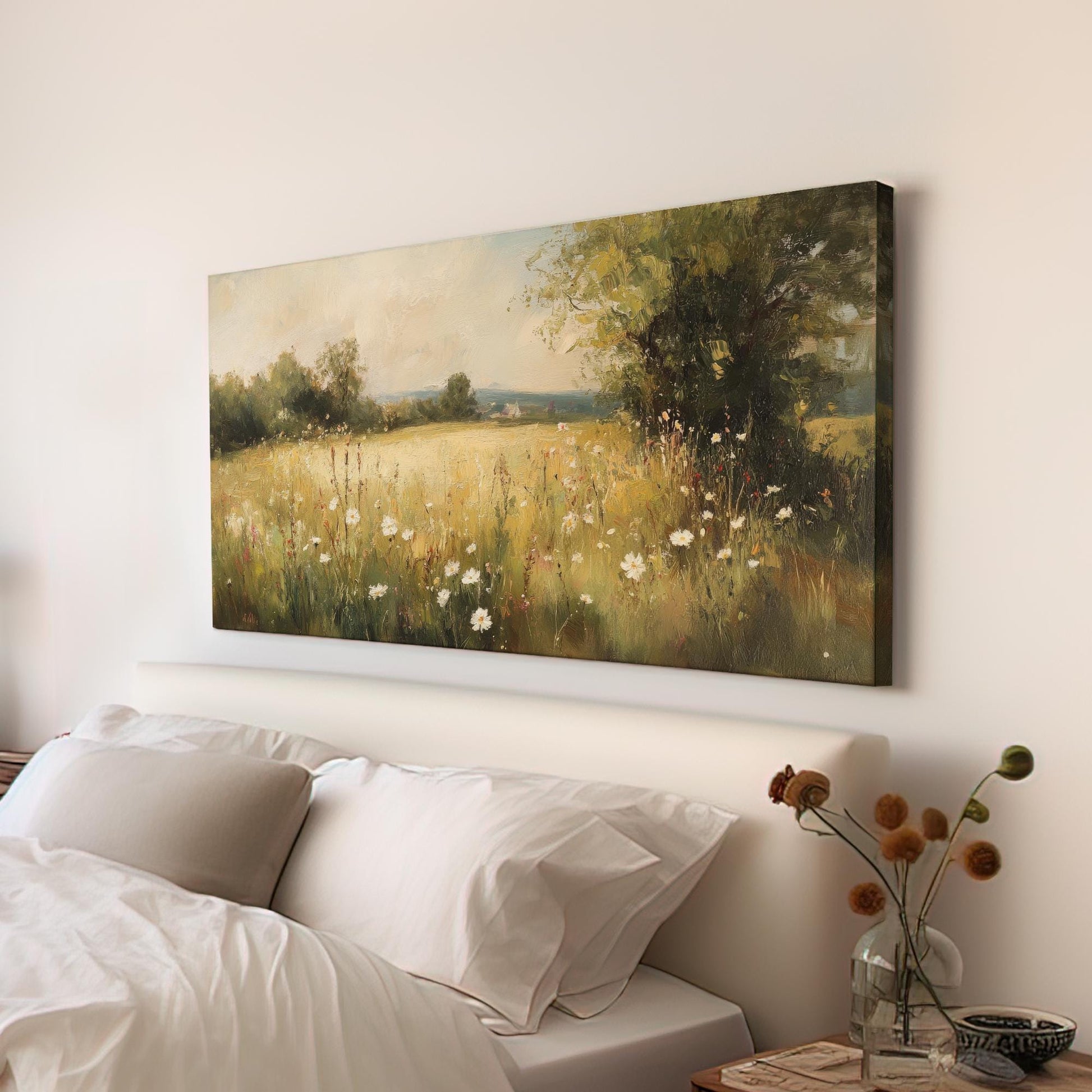 Tranquil Meadow Canvas Art | Impasto Impressionism Print | Bohemian Wall Art For Living Room | Honeyed Wheat Art Horizontal Art