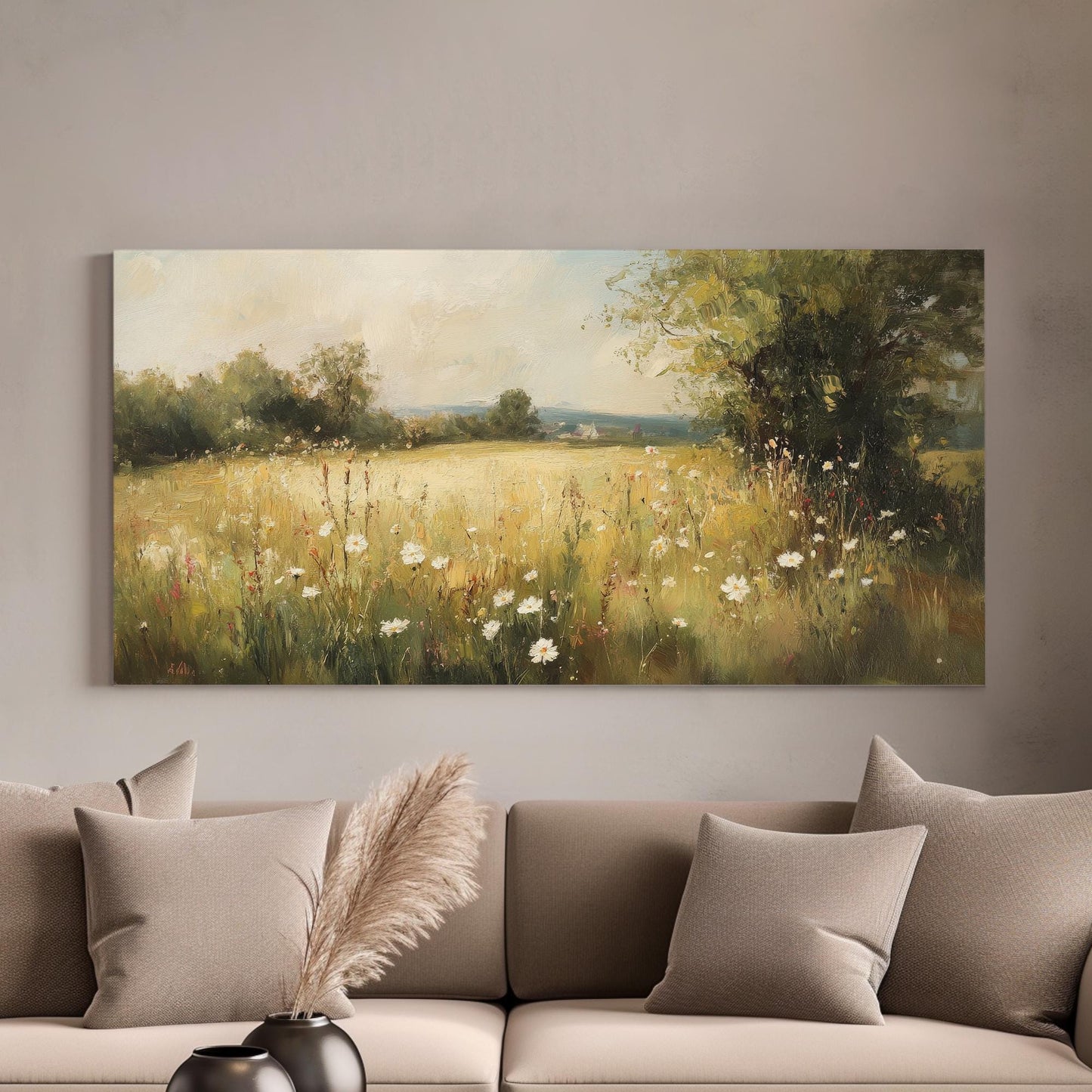 Tranquil Meadow Canvas Art | Impasto Impressionism Print | Bohemian Wall Art For Living Room | Honeyed Wheat Art Horizontal Art