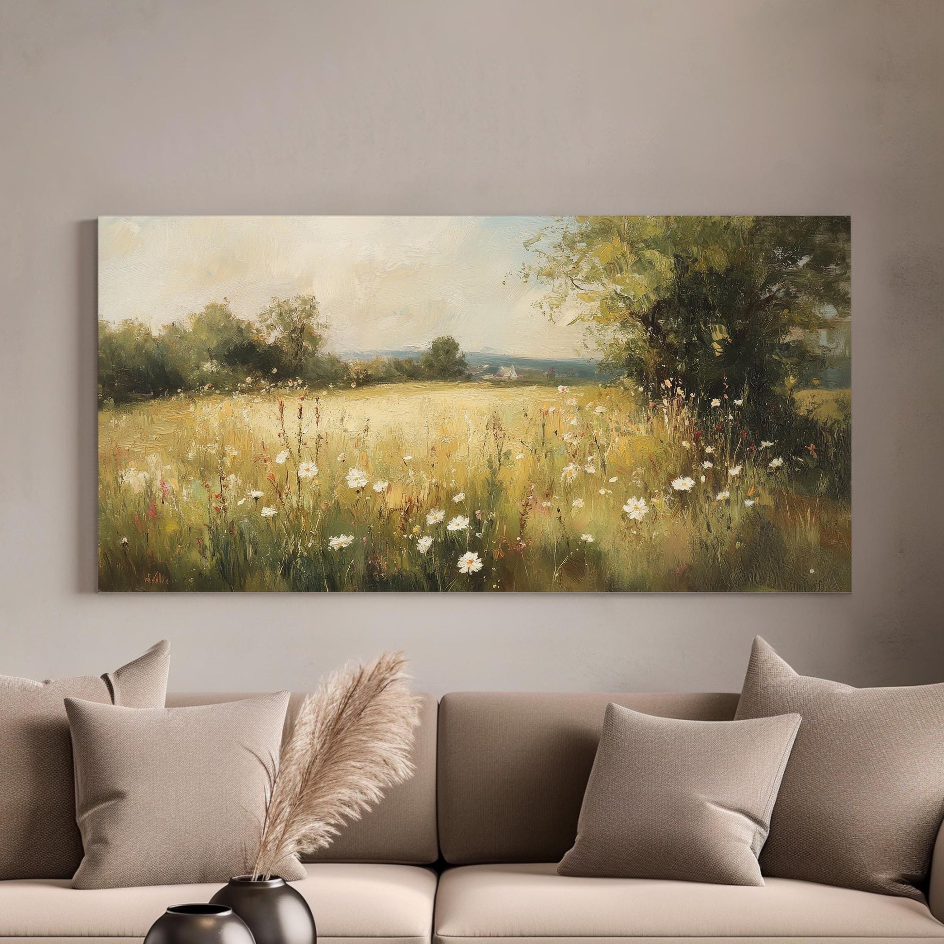 Tranquil Meadow Canvas Art | Impasto Impressionism Print | Bohemian Wall Art For Living Room | Honeyed Wheat Art Horizontal Art