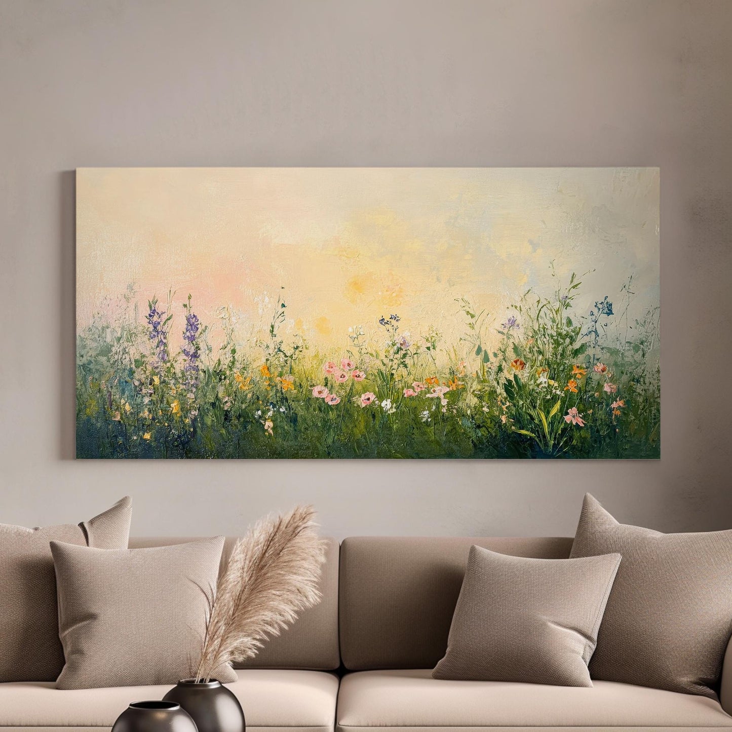 Tranquil Meadow Canvas Art | Impasto Floral Print | Bohemian Wall Art For Living Room | Blush Pink Olive Green Art Horizontal Art