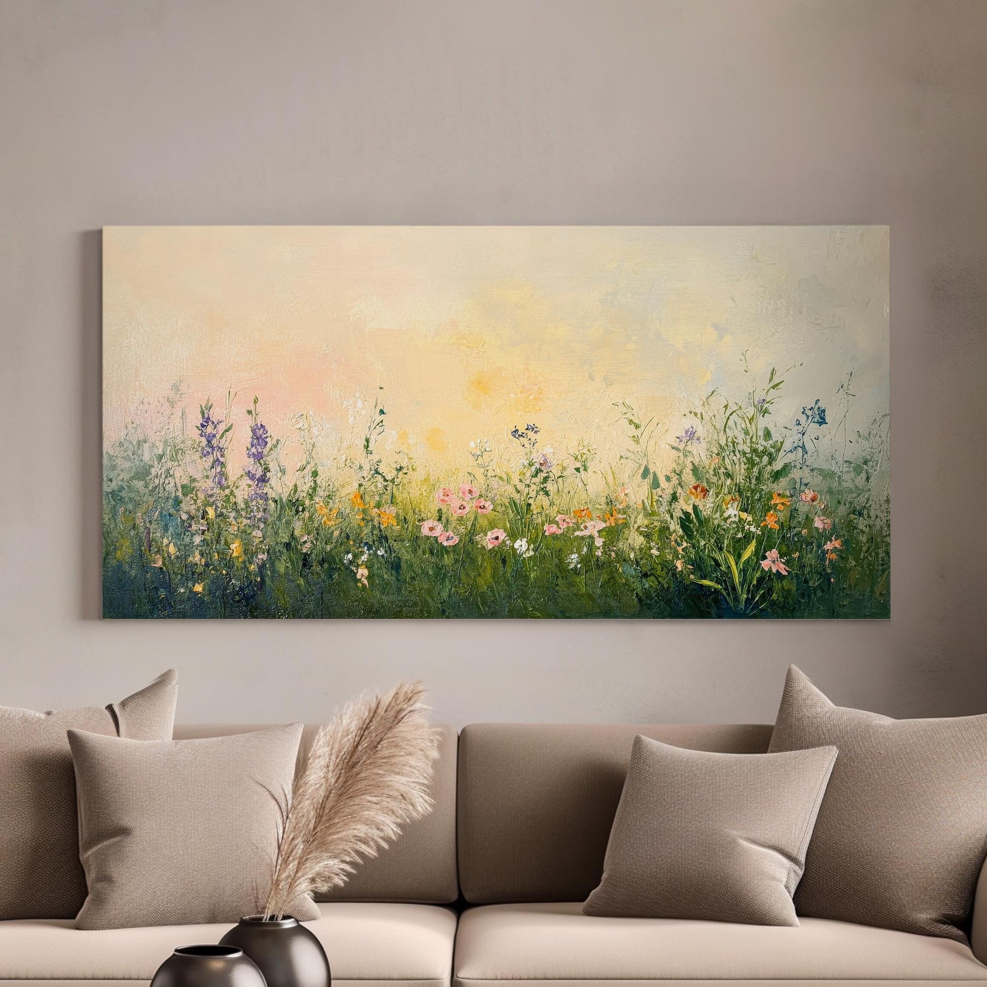 Tranquil Meadow Canvas Art | Impasto Floral Print | Bohemian Wall Art For Living Room | Blush Pink Olive Green Art Horizontal Art