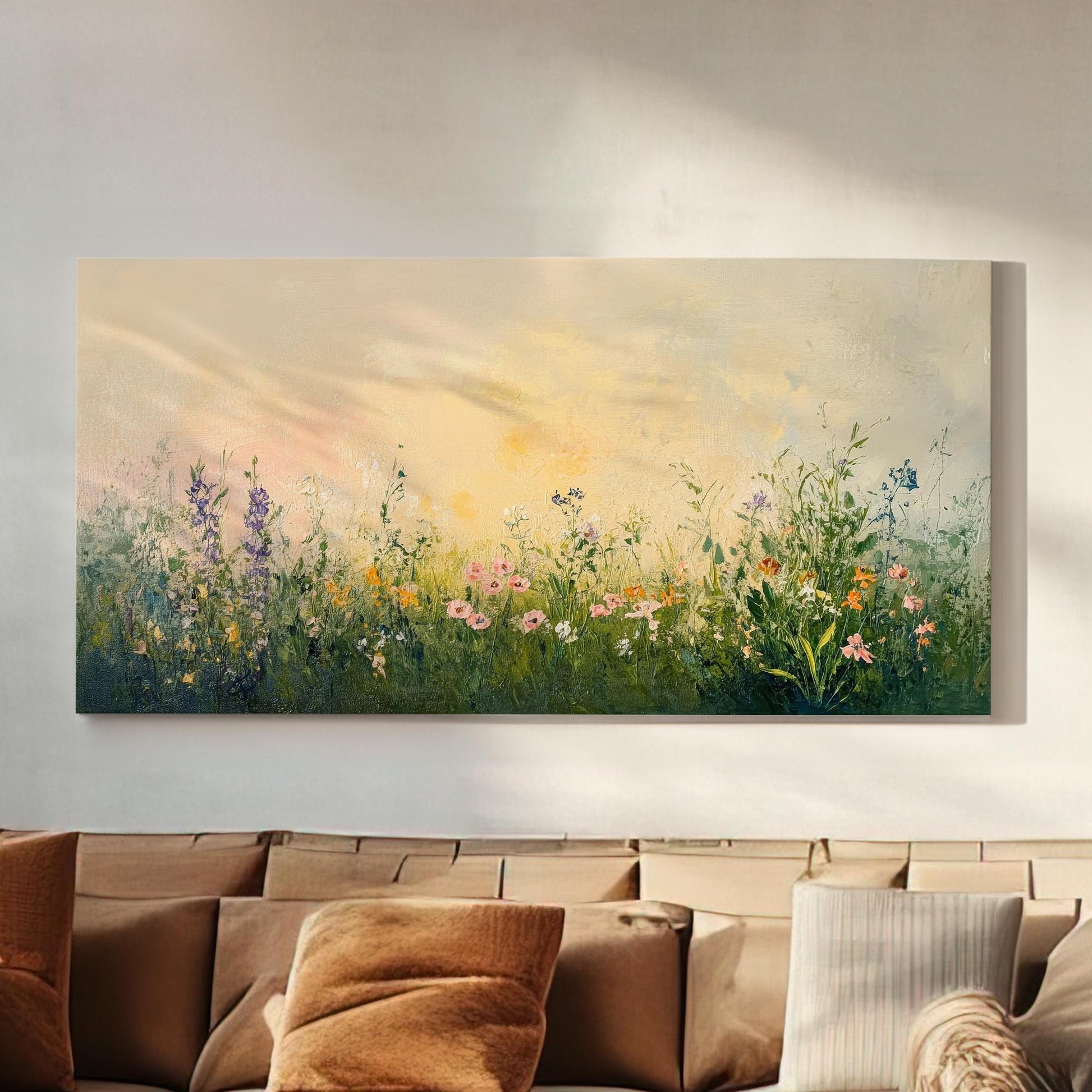 Tranquil Meadow Canvas Art | Impasto Floral Print | Bohemian Wall Art For Living Room | Blush Pink Olive Green Art Horizontal Art