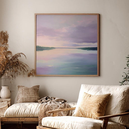 Tranquil Lake Sunset Canvas Art | Impressionistic Palette Knife Print | Coastal Bohemian Wall Art For Living Room Square Canvas Art