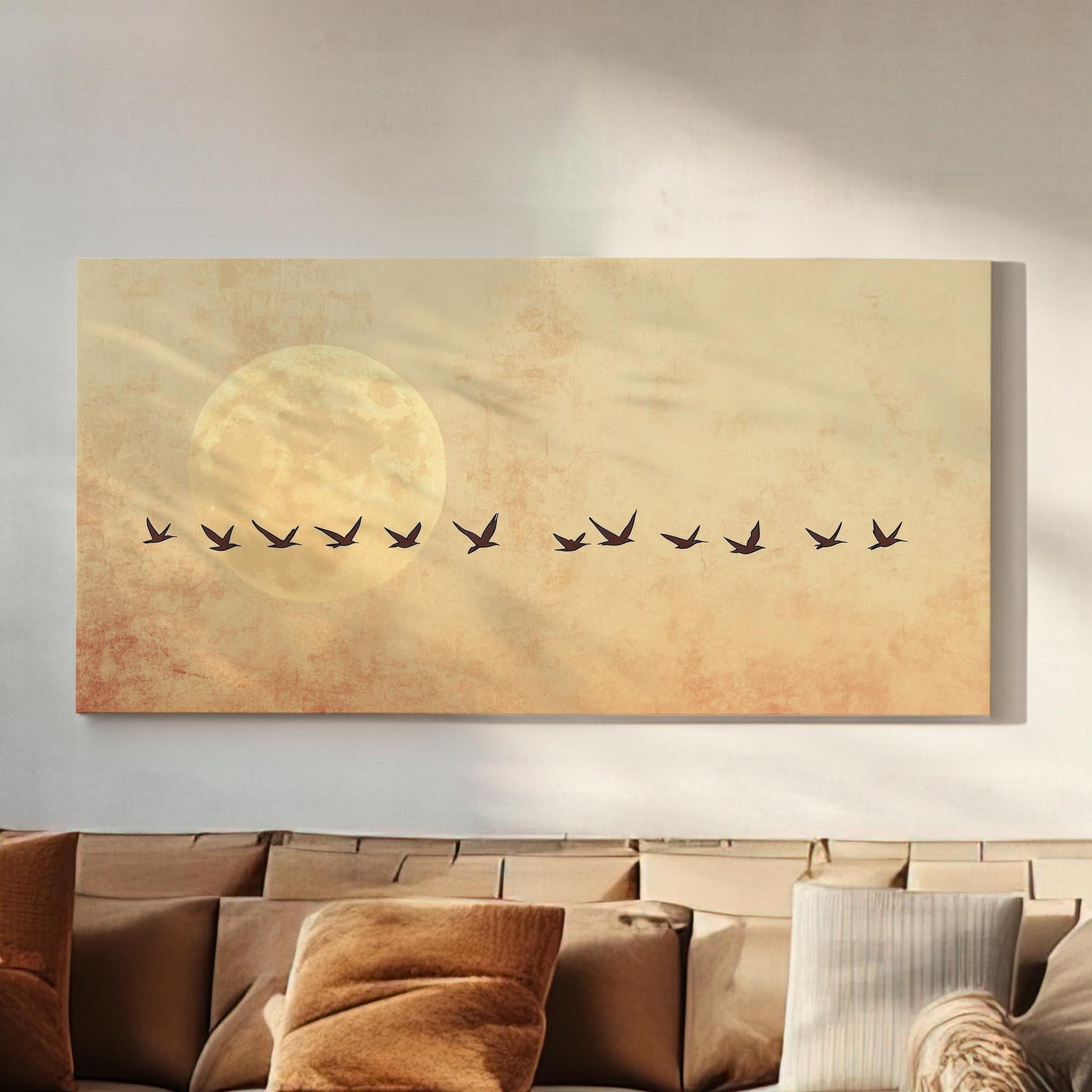Tranquil Flight Canvas Art | Silhouette Print | Minimalist Wall Art For Living Room | Honeycomb Beige Art | Zen Decor Horizontal Art