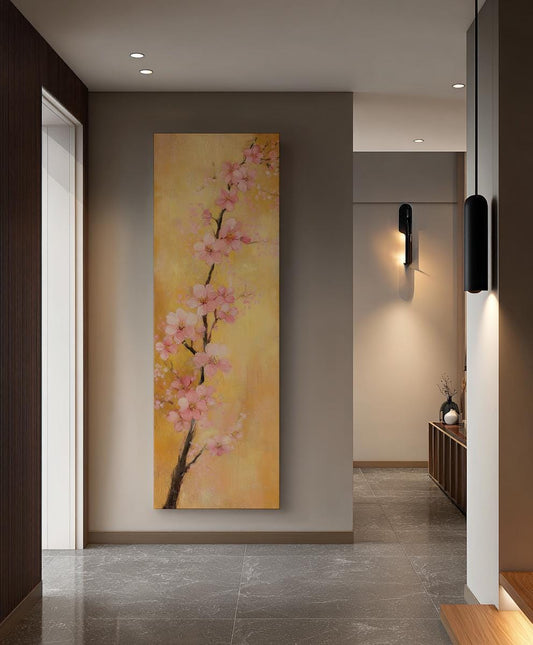 Tranquil Blossom Canvas Art | Impasto Floral Print | Bohemian Wall Art For Living Room | Blush Pink Art | Zen Decor Long Vertical Art