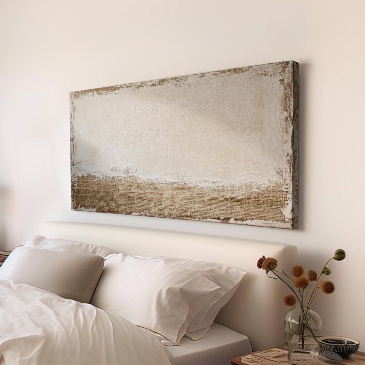 Textured Abstract Canvas Art | Impasto Print | Bohemian Wall Art For Living Room | Oatmeal Linen Art | Tranquil Modern Decor Horizontal Art