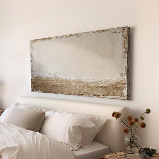 Textured Abstract Canvas Art | Impasto Print | Bohemian Wall Art For Living Room | Oatmeal Linen Art | Tranquil Modern Decor Horizontal Art