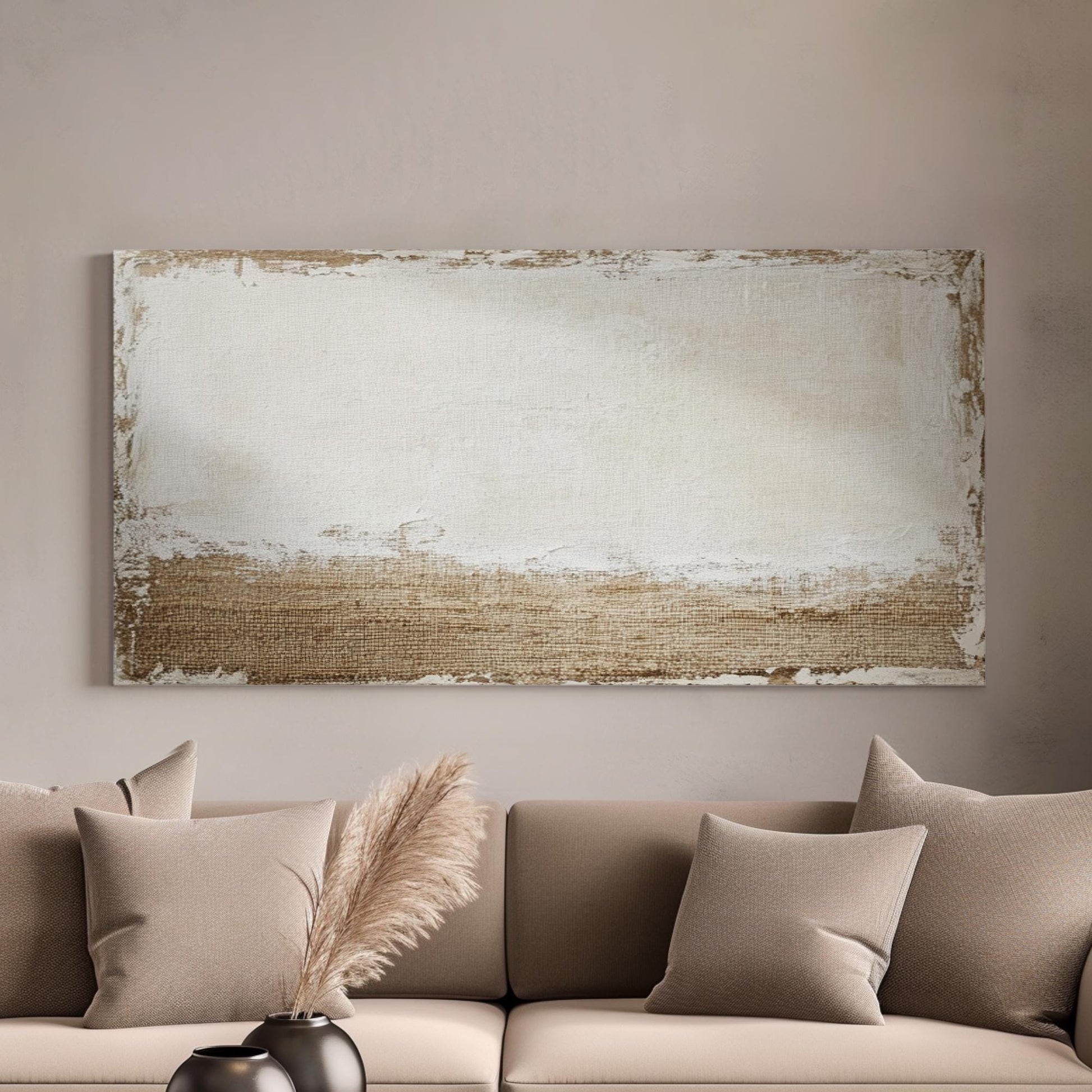 Textured Abstract Canvas Art | Impasto Print | Bohemian Wall Art For Living Room | Oatmeal Linen Art | Tranquil Modern Decor Horizontal Art