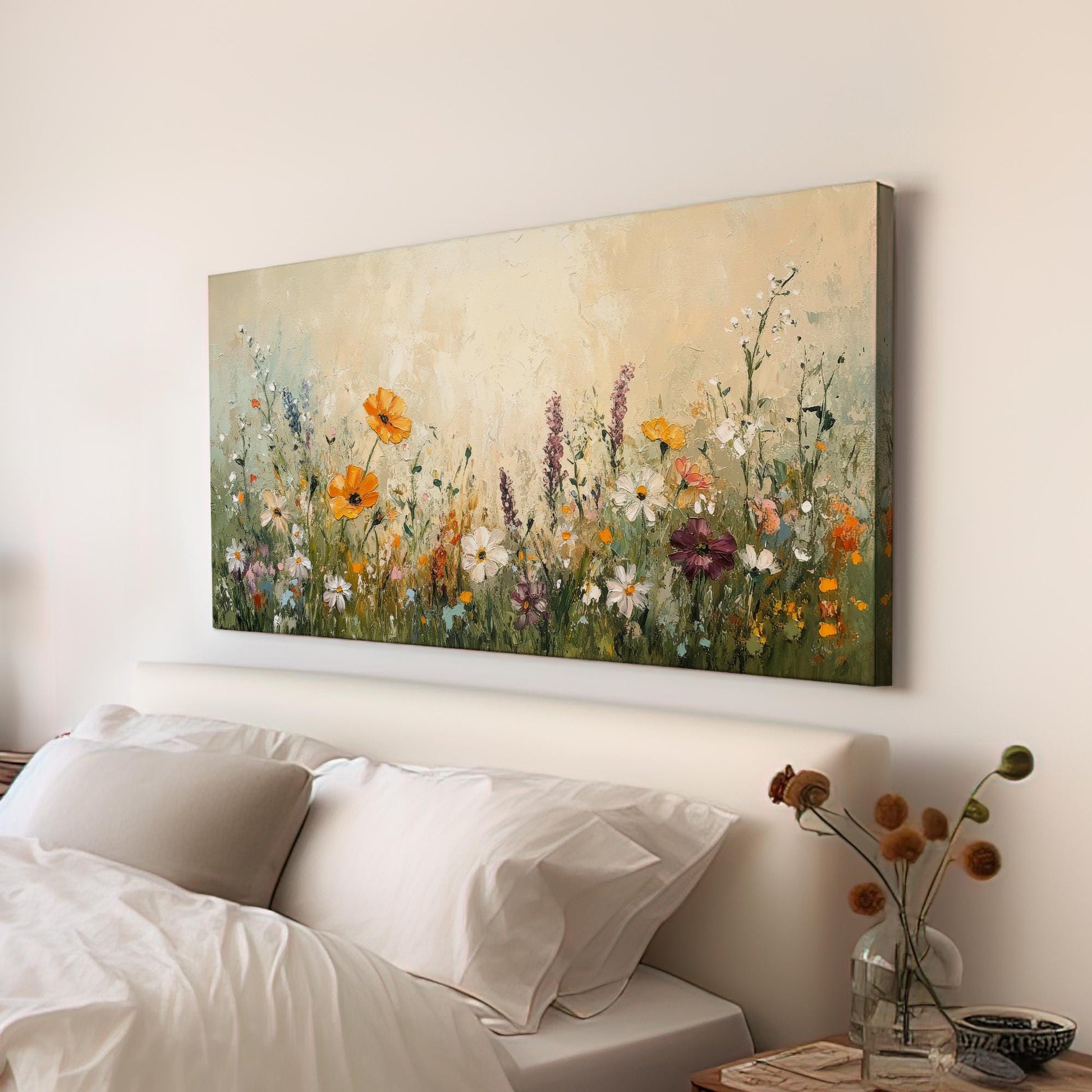 Textural Wildflower Meadow Canvas Art | Impasto Floral Print | Bohemian Wall Art For Living Room | Honeycomb Beige Art Horizontal Art