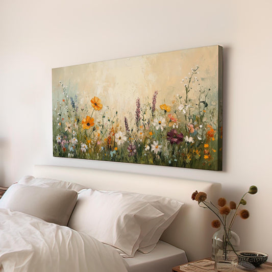 Textural Wildflower Meadow Canvas Art | Impasto Floral Print | Bohemian Wall Art For Living Room | Honeycomb Beige Art Horizontal Art