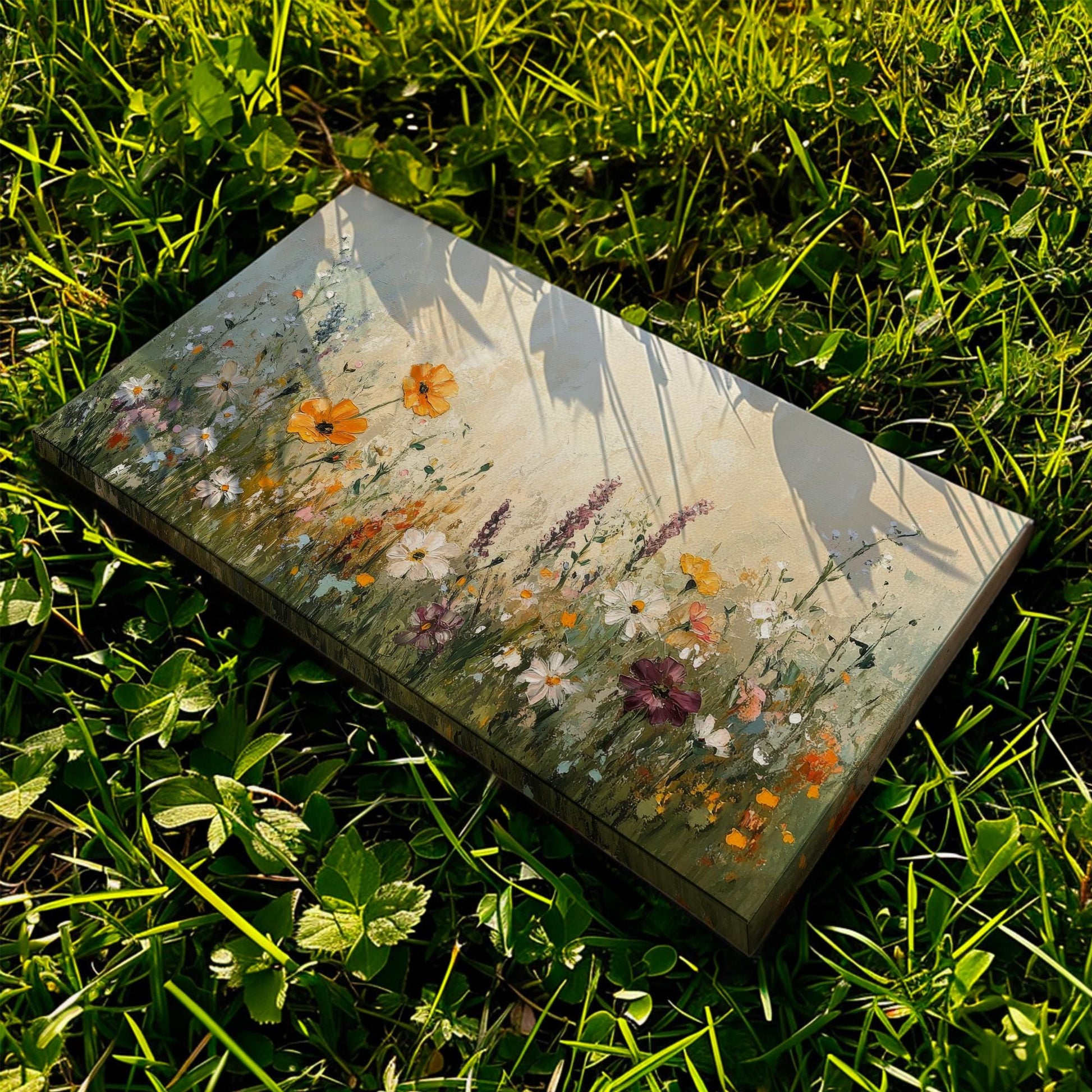 Textural Wildflower Meadow Canvas Art | Impasto Floral Print | Bohemian Wall Art For Living Room | Honeycomb Beige Art Horizontal Art