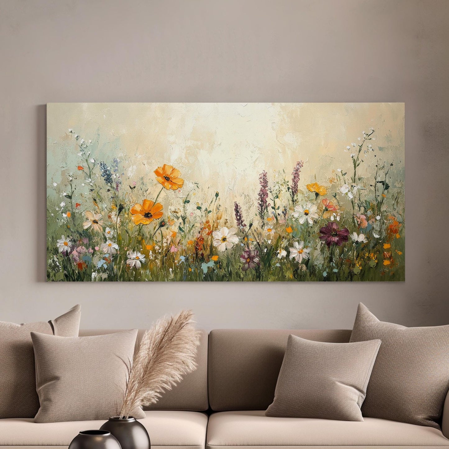 Textural Wildflower Meadow Canvas Art | Impasto Floral Print | Bohemian Wall Art For Living Room | Honeycomb Beige Art Horizontal Art