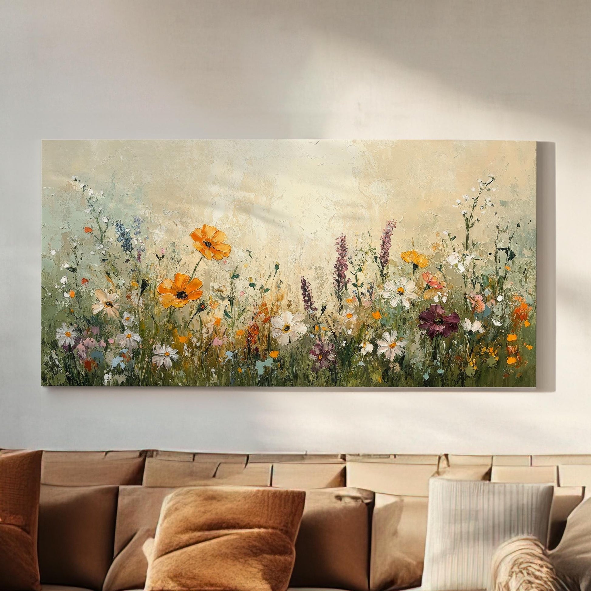 Textural Wildflower Meadow Canvas Art | Impasto Floral Print | Bohemian Wall Art For Living Room | Honeycomb Beige Art Horizontal Art