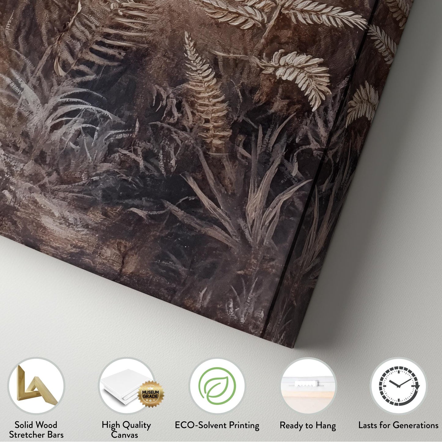 Textural Fern Canvas Art | Impasto Print | Biophilic Wall Art For Living Room | Taupe Greige Art | Tranquil Spa Decor Long Vertical Art