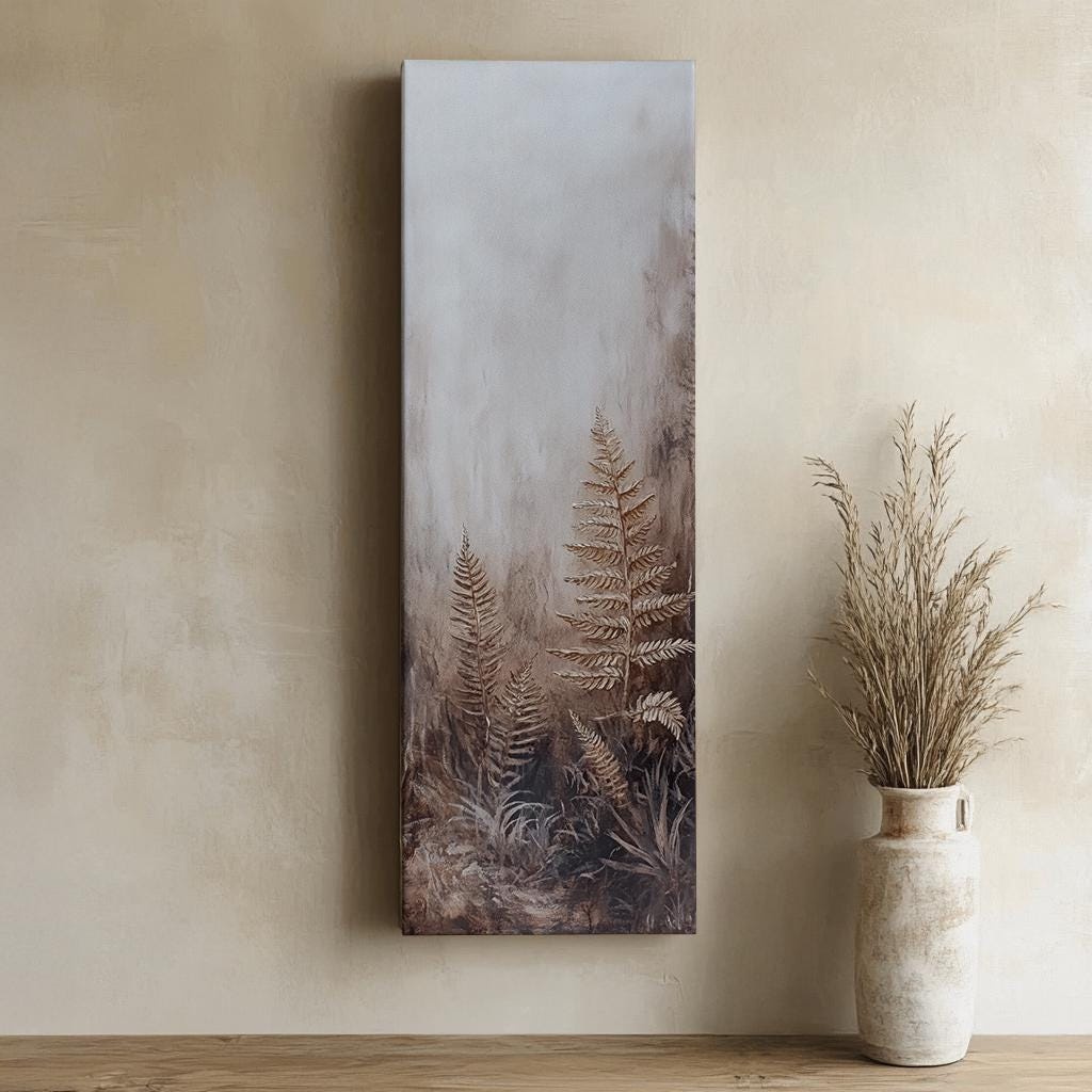 Textural Fern Canvas Art | Impasto Print | Biophilic Wall Art For Living Room | Taupe Greige Art | Tranquil Spa Decor Long Vertical Art