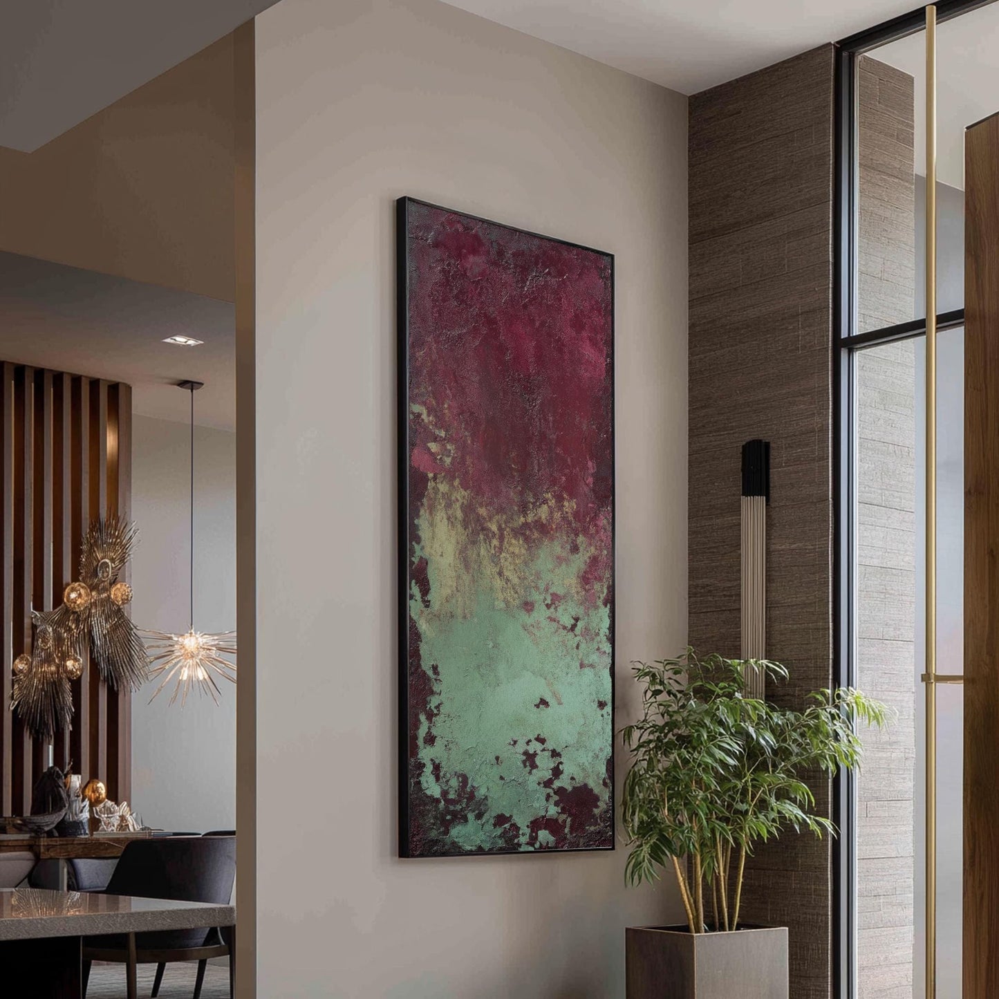Textural Abstract Canvas Art | Impasto Print | Bohemian Wall Art For Living Room | Sage and Merlot Art | Eclectic Decor Long Vertical Art