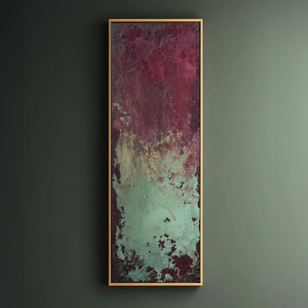 Textural Abstract Canvas Art | Impasto Print | Bohemian Wall Art For Living Room | Sage and Merlot Art | Eclectic Decor Long Vertical Art