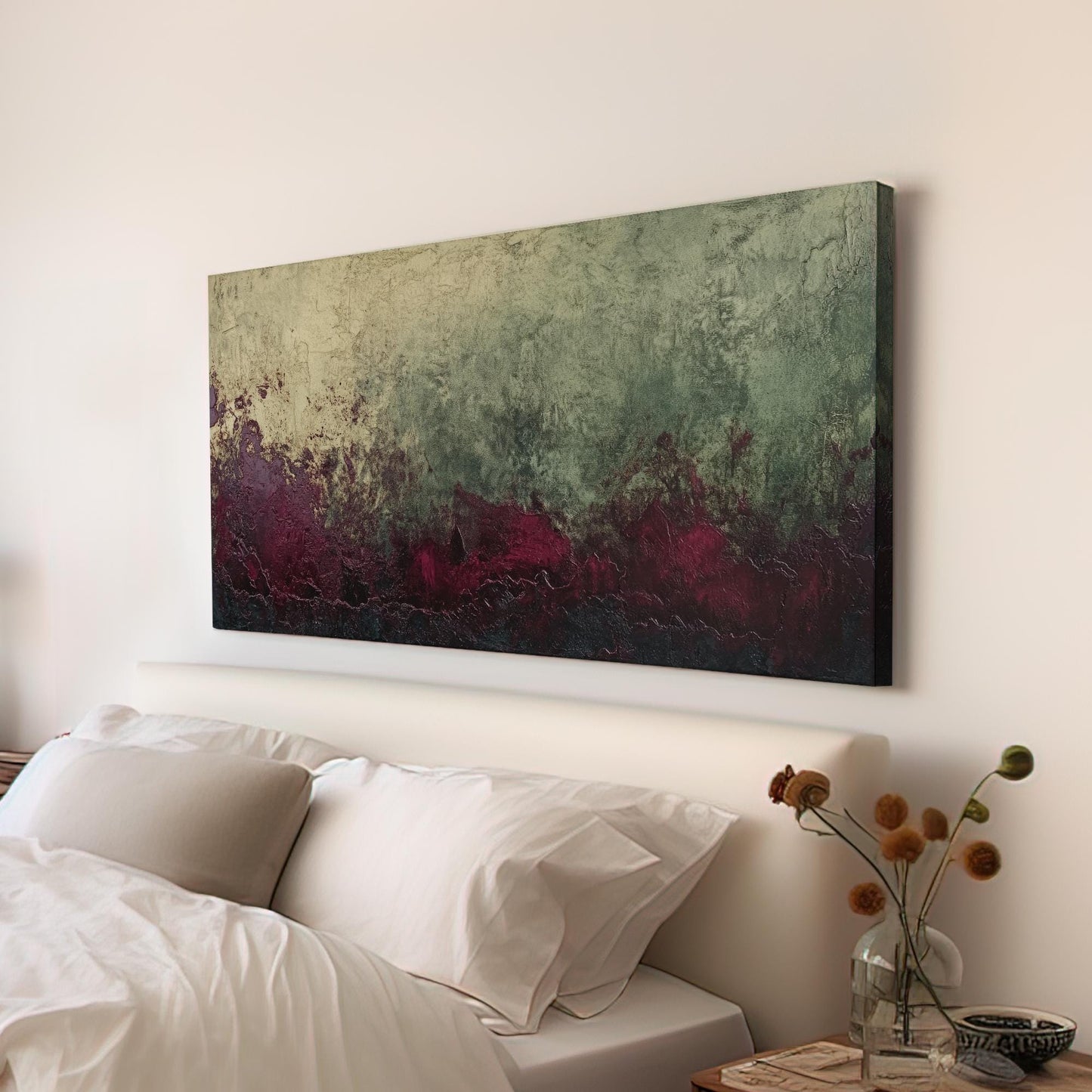 Textural Abstract Canvas Art | Impasto Print | Bohemian Wall Art For Living Room | Amethyst Olive Art | Eclectic Decor Horizontal Art