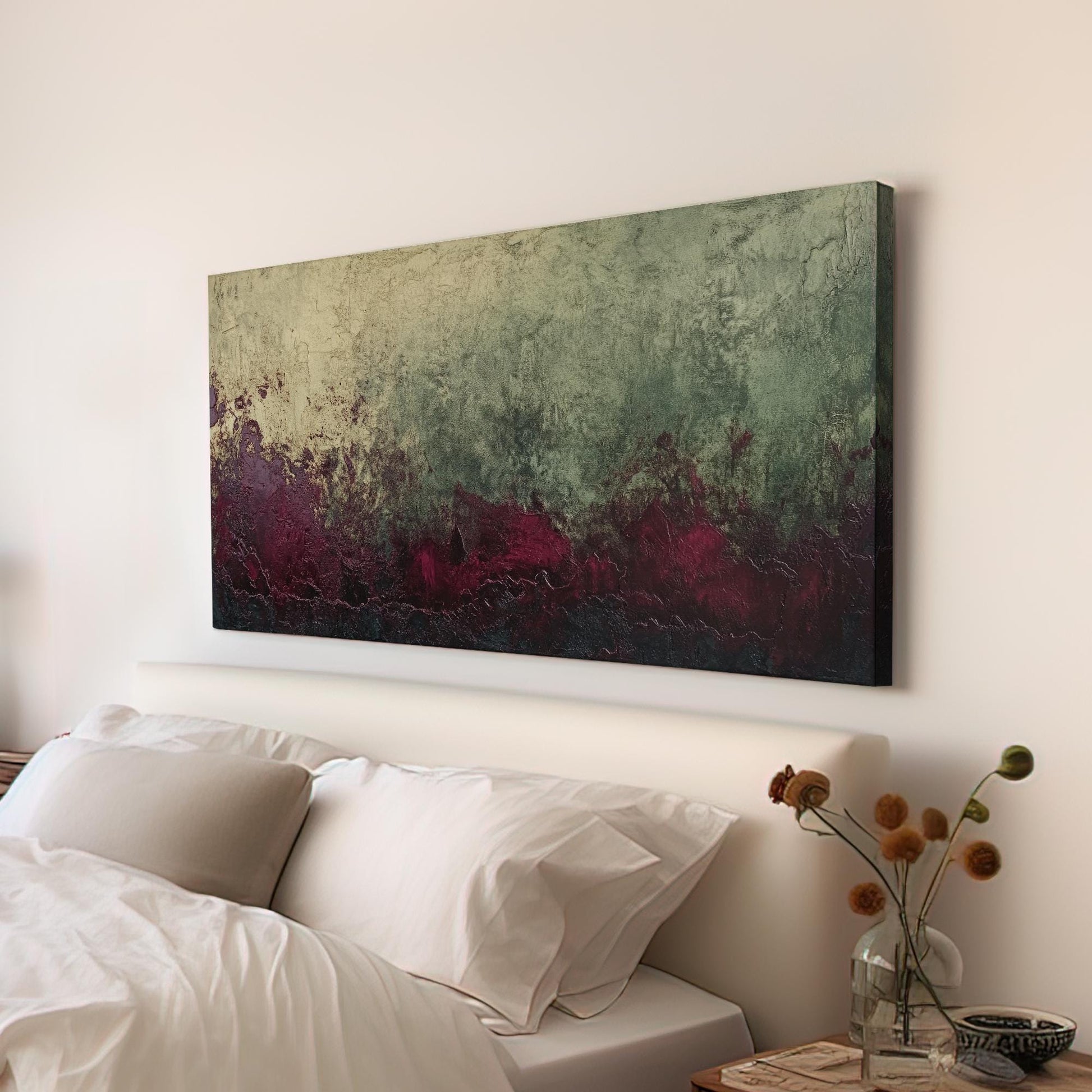 Textural Abstract Canvas Art | Impasto Print | Bohemian Wall Art For Living Room | Amethyst Olive Art | Eclectic Decor Horizontal Art