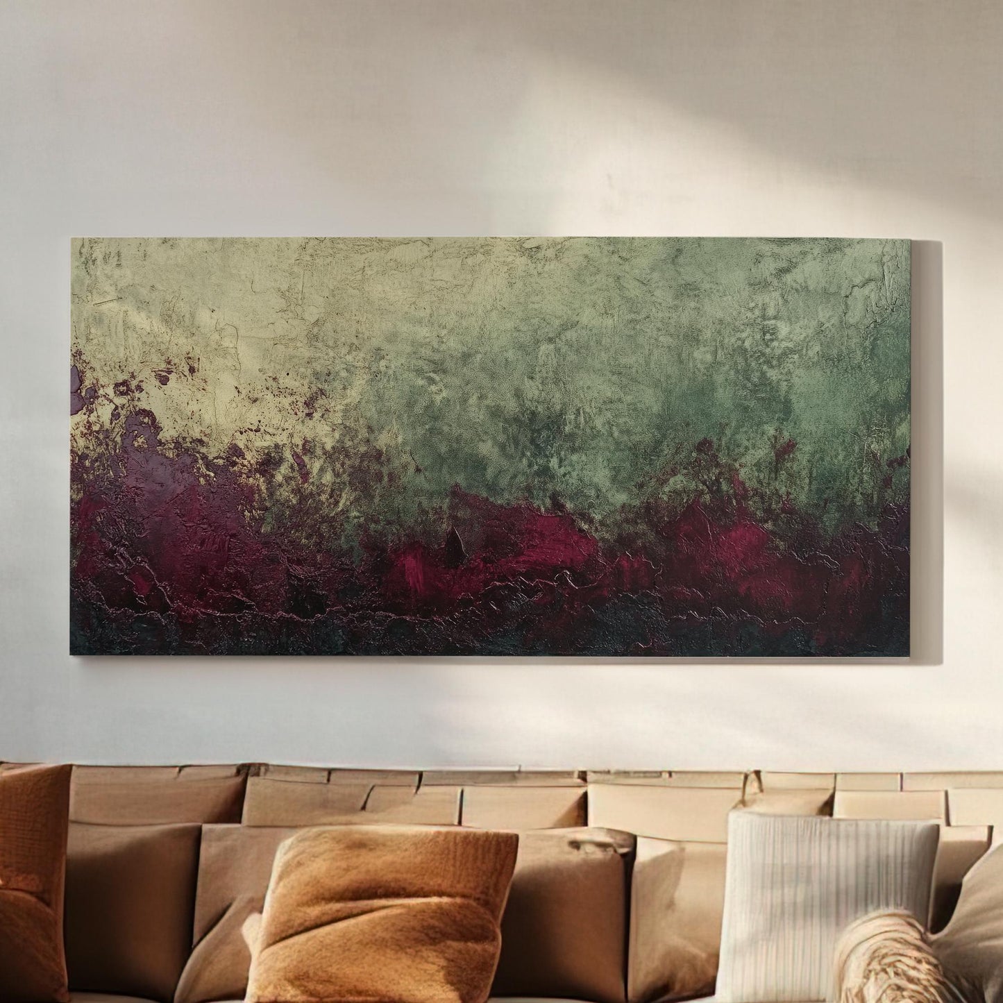 Textural Abstract Canvas Art | Impasto Print | Bohemian Wall Art For Living Room | Amethyst Olive Art | Eclectic Decor Horizontal Art