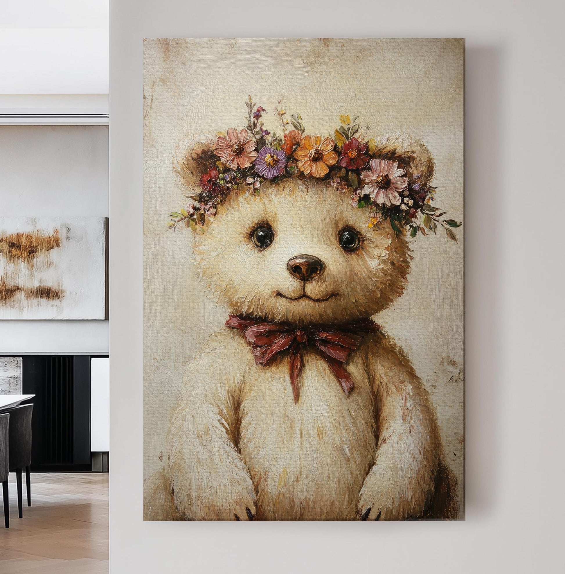 Teddy Bear Floral Canvas Art | Impasto Oil Print | Bohemian Wall Art For Nursery | Blush Pink Art Vertical Canvas