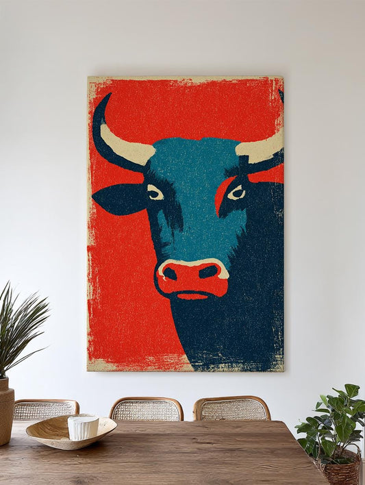 Taurus Bull Canvas Art | Retro Pop Art Print | Mid Century Modern Wall Art For Above Couch | Vermilion Aegean Art Vertical Canvas