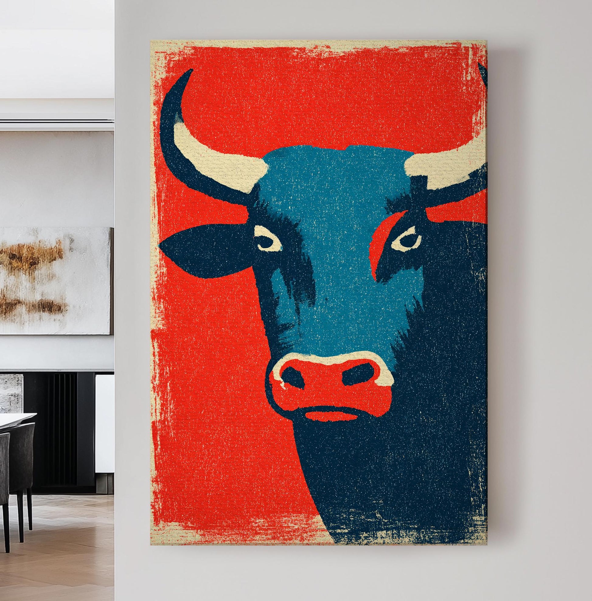 Taurus Bull Canvas Art | Retro Pop Art Print | Mid Century Modern Wall Art For Above Couch | Vermilion Aegean Art Vertical Canvas