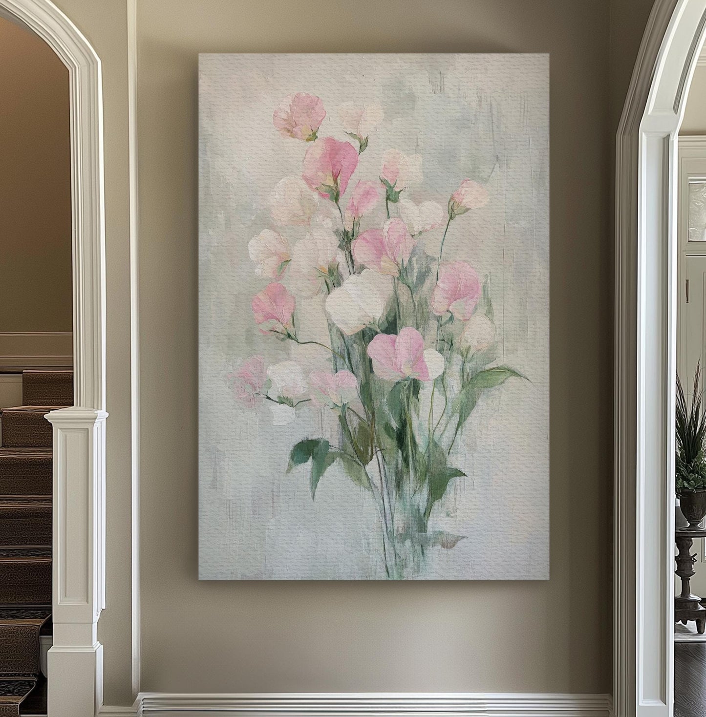 Sweet Pea Blossom Canvas Art | Impasto Floral Print | Bohemian Wall Art For Bedroom | Blush Pink Dove Grey Art Vertical Canvas