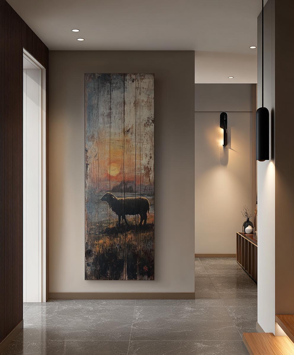 Sunset Silhouette Sheep Canvas Art | Reclaimed Woodblock Print | Bohemian Farmhouse Wall Art For Living Room Long Vertical Art