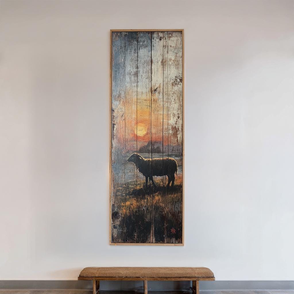 Sunset Silhouette Sheep Canvas Art | Reclaimed Woodblock Print | Bohemian Farmhouse Wall Art For Living Room Long Vertical Art