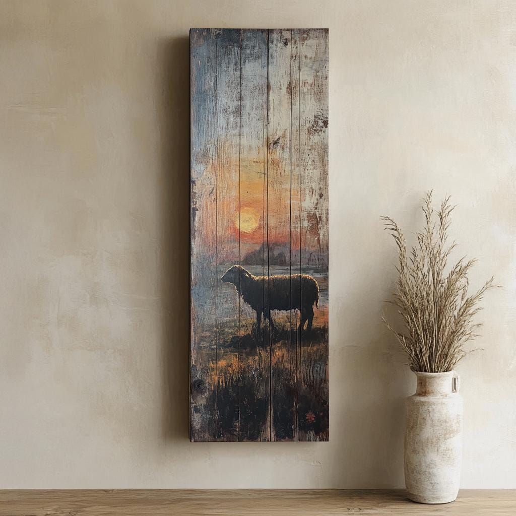 Sunset Silhouette Sheep Canvas Art | Reclaimed Woodblock Print | Bohemian Farmhouse Wall Art For Living Room Long Vertical Art