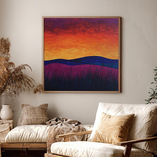 Sunset Prairie Landscape Canvas Art | Impasto Textured Print | Bohemian Wall Art For Living Room | Amethyst Sunset Art Square Canvas Art