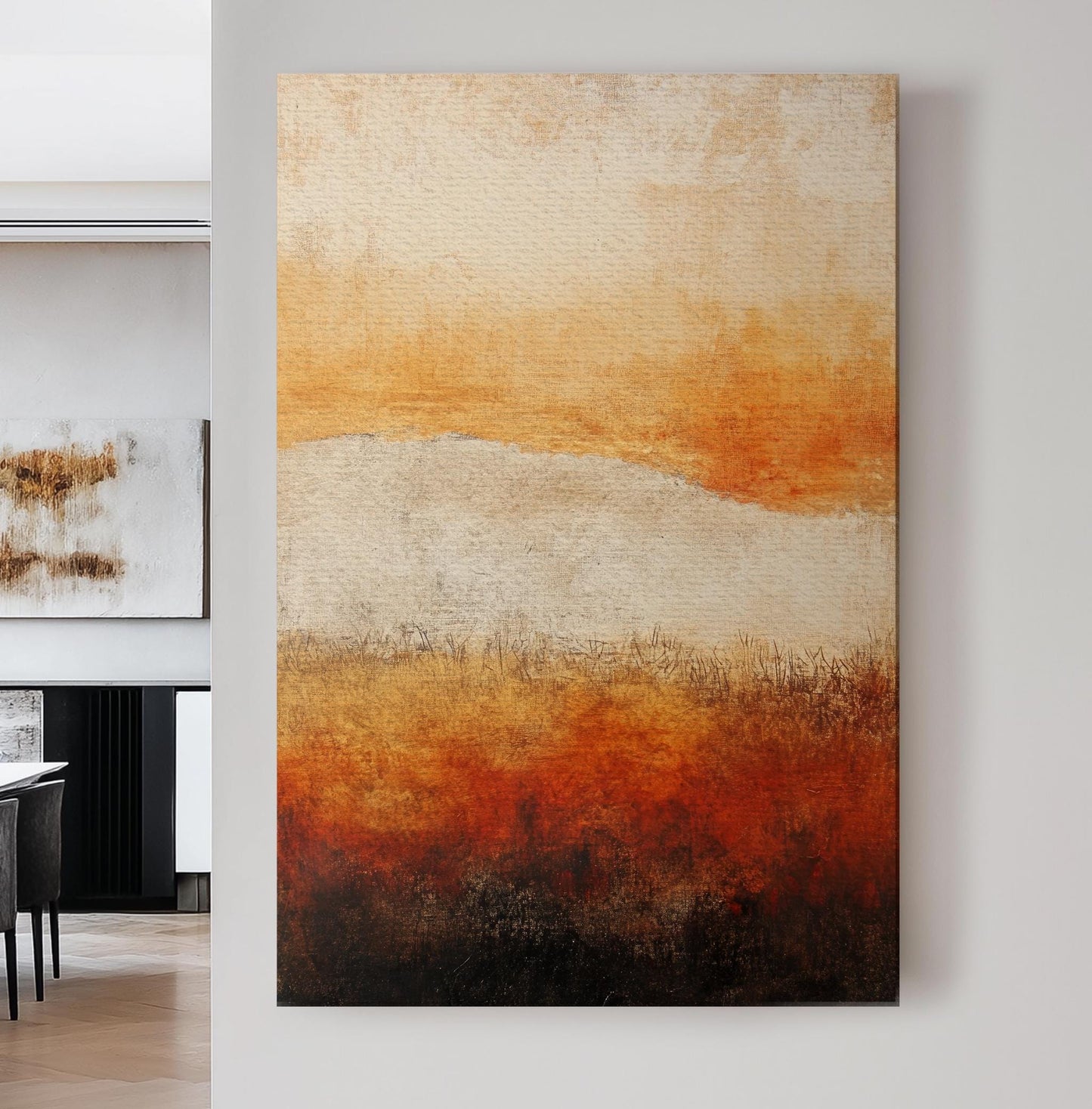 Sunset Prairie Landscape Canvas Art | Impasto Textural Print | Mid Century Modern Wall Art For Living Room Vertical Canvas