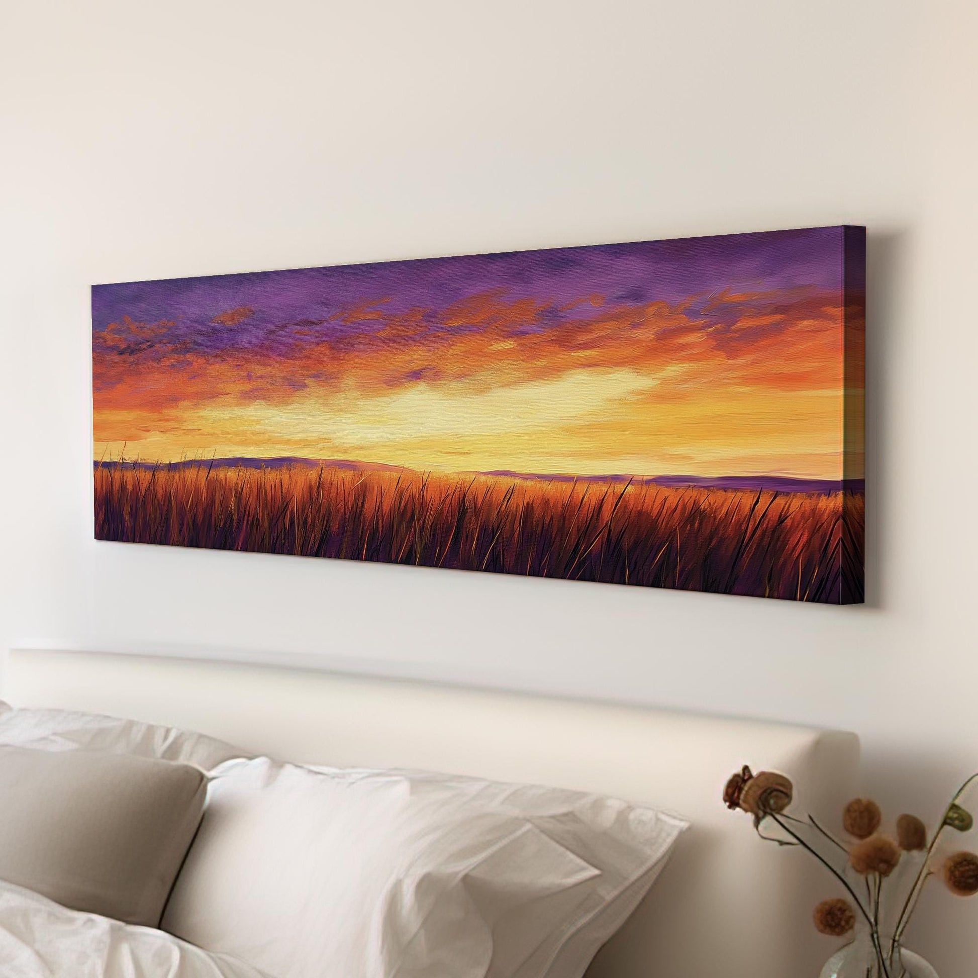 Sunset Prairie Impressionist Canvas Art | Impasto Palette Knife Print | Bohemian Wall Art For Living Room Panoramic Wall Art