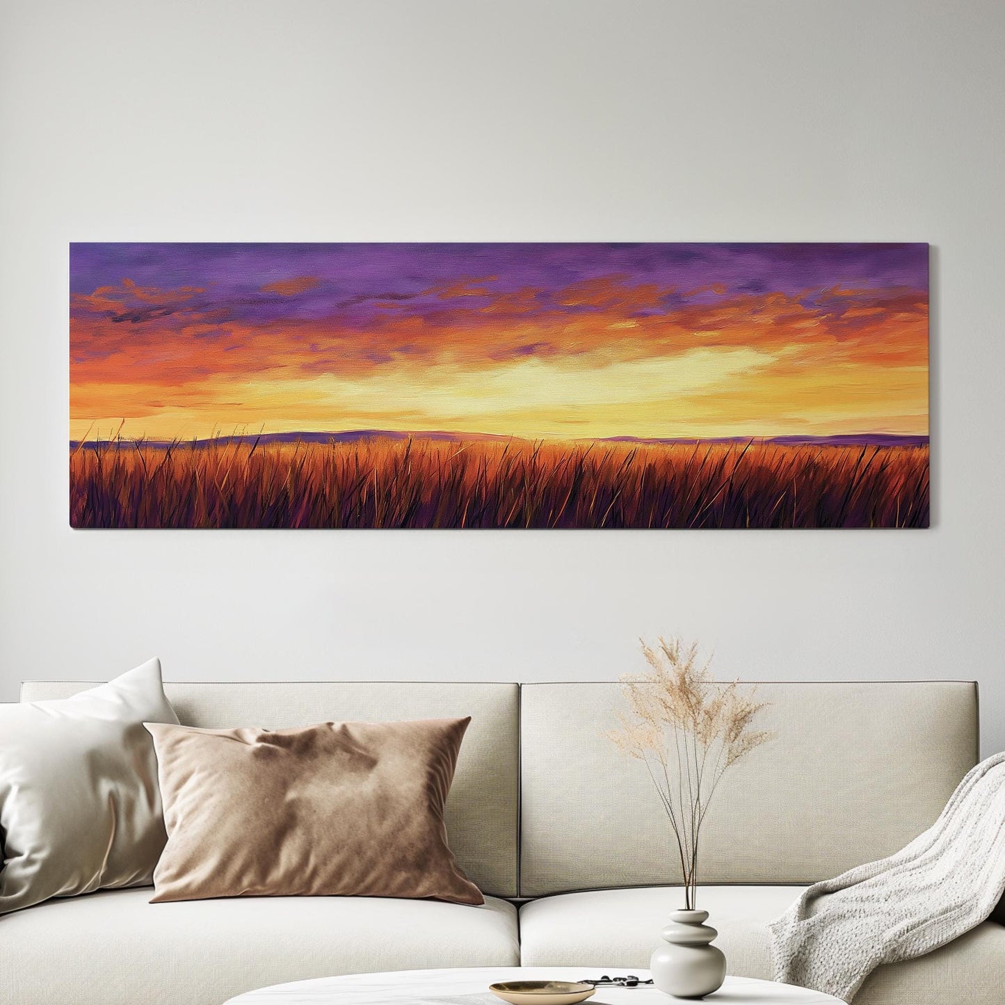 Sunset Prairie Impressionist Canvas Art | Impasto Palette Knife Print | Bohemian Wall Art For Living Room Panoramic Wall Art