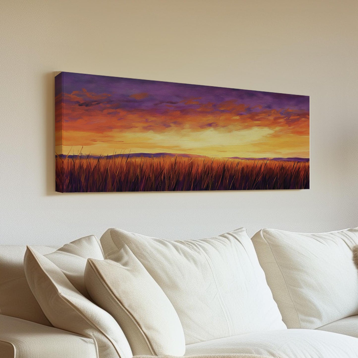Sunset Prairie Impressionist Canvas Art | Impasto Palette Knife Print | Bohemian Wall Art For Living Room Panoramic Wall Art