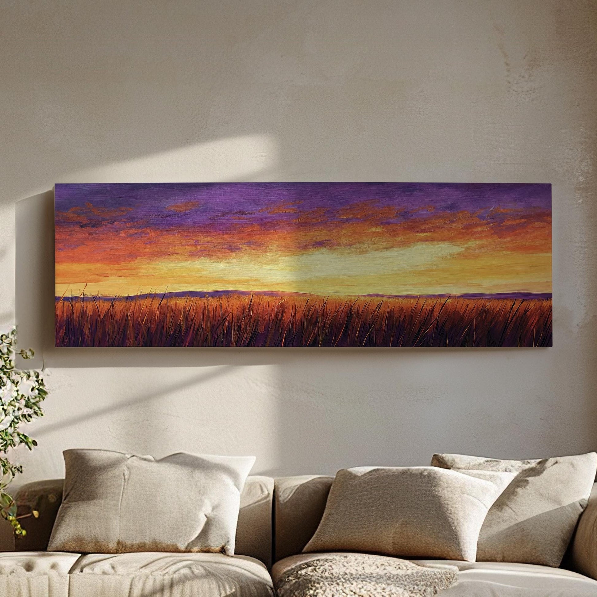 Sunset Prairie Impressionist Canvas Art | Impasto Palette Knife Print | Bohemian Wall Art For Living Room Panoramic Wall Art