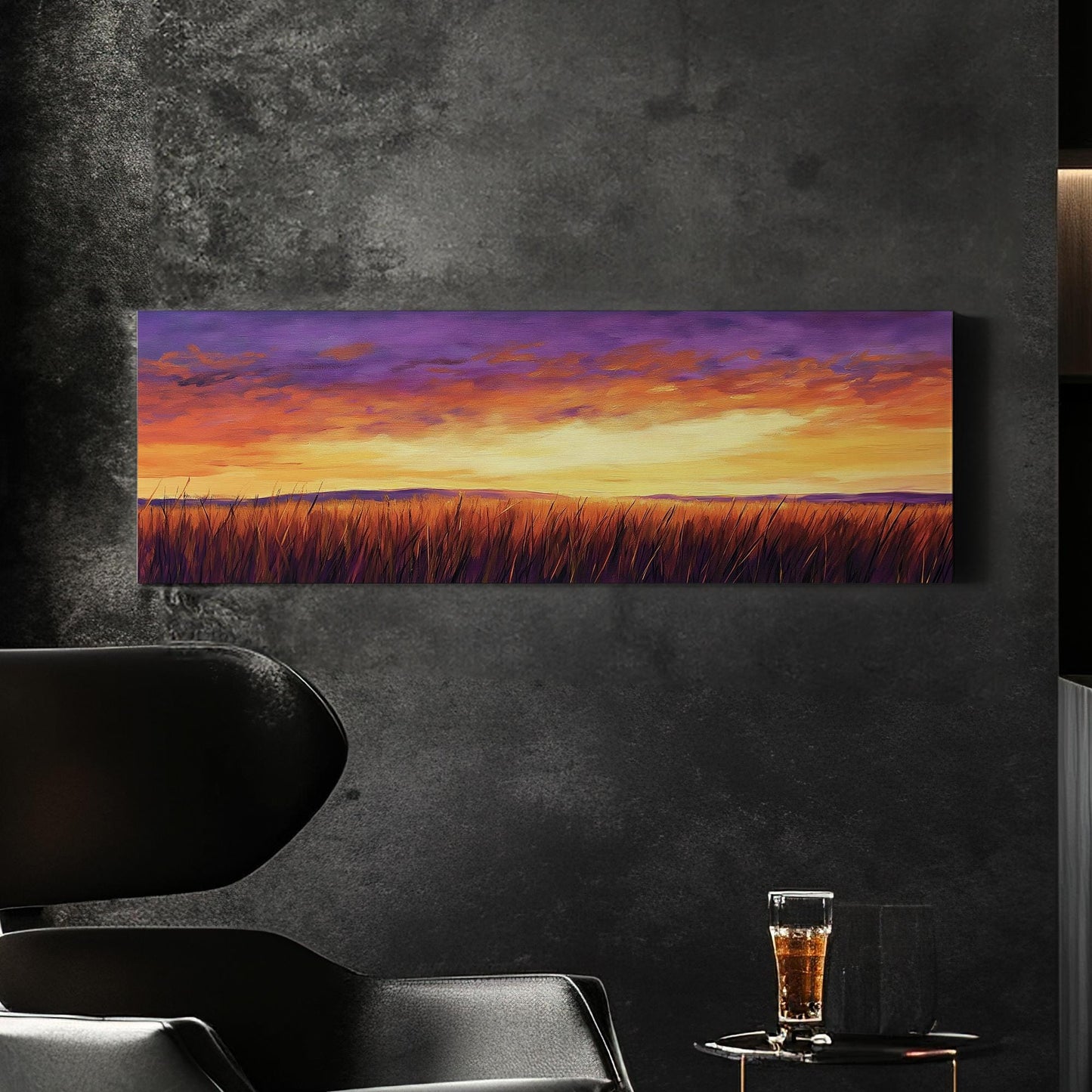 Sunset Prairie Impressionist Canvas Art | Impasto Palette Knife Print | Bohemian Wall Art For Living Room Panoramic Wall Art