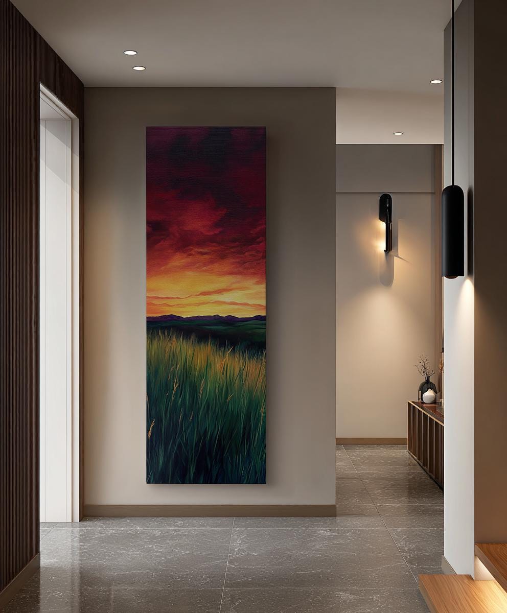 Sunset Prairie Grass Canvas Art | Impasto Textured Print | Biophilic Wall Art For Living Room | Ember Glow Art Long Vertical Art