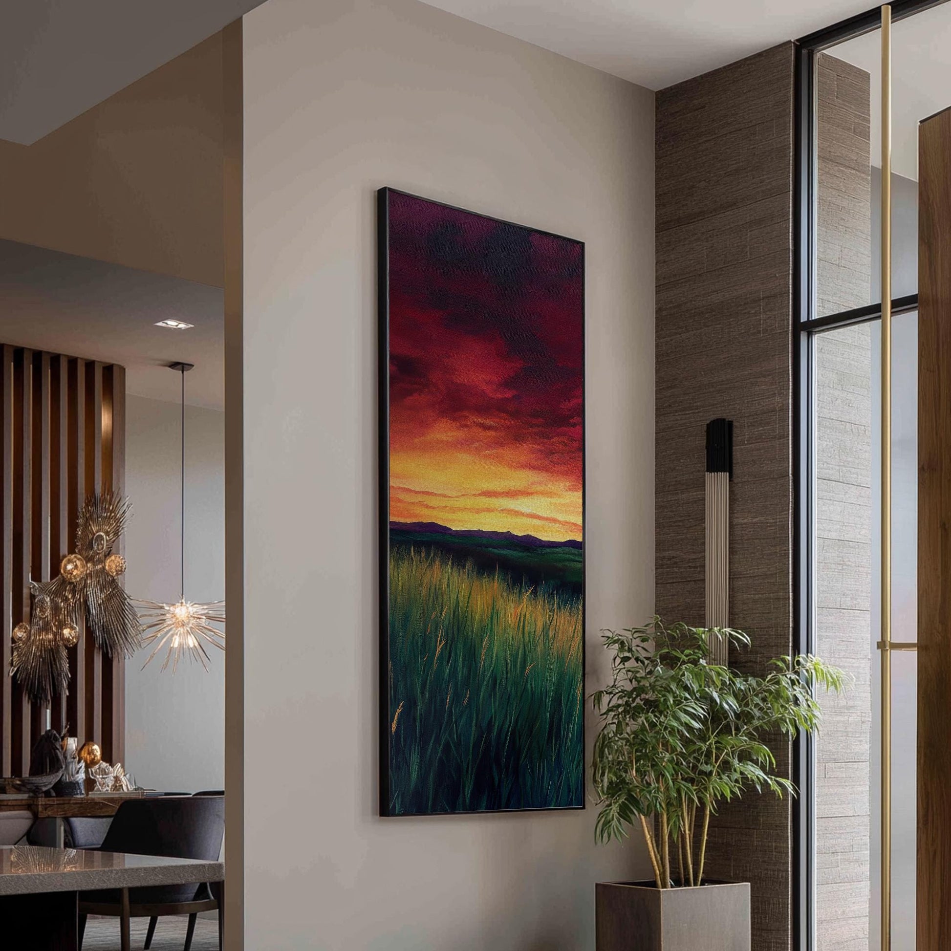 Sunset Prairie Grass Canvas Art | Impasto Textured Print | Biophilic Wall Art For Living Room | Ember Glow Art Long Vertical Art