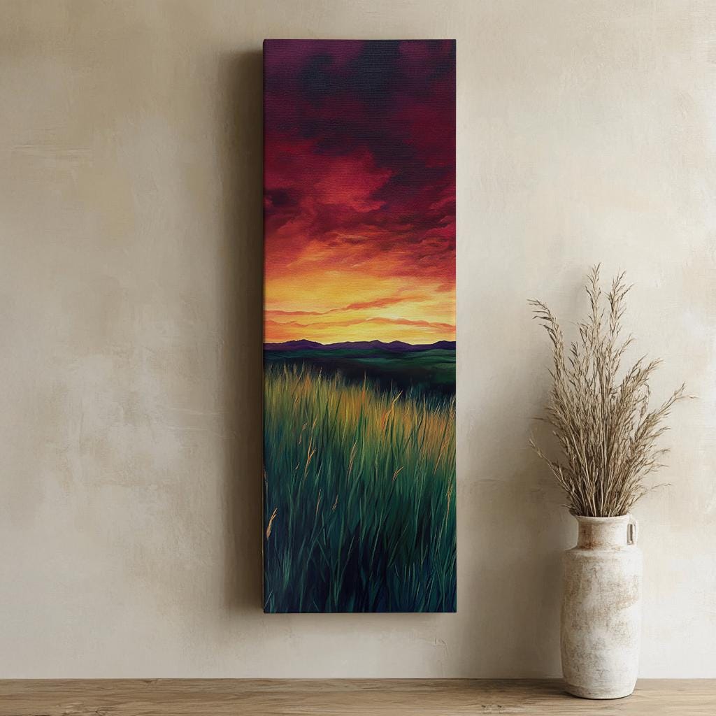 Sunset Prairie Grass Canvas Art | Impasto Textured Print | Biophilic Wall Art For Living Room | Ember Glow Art Long Vertical Art