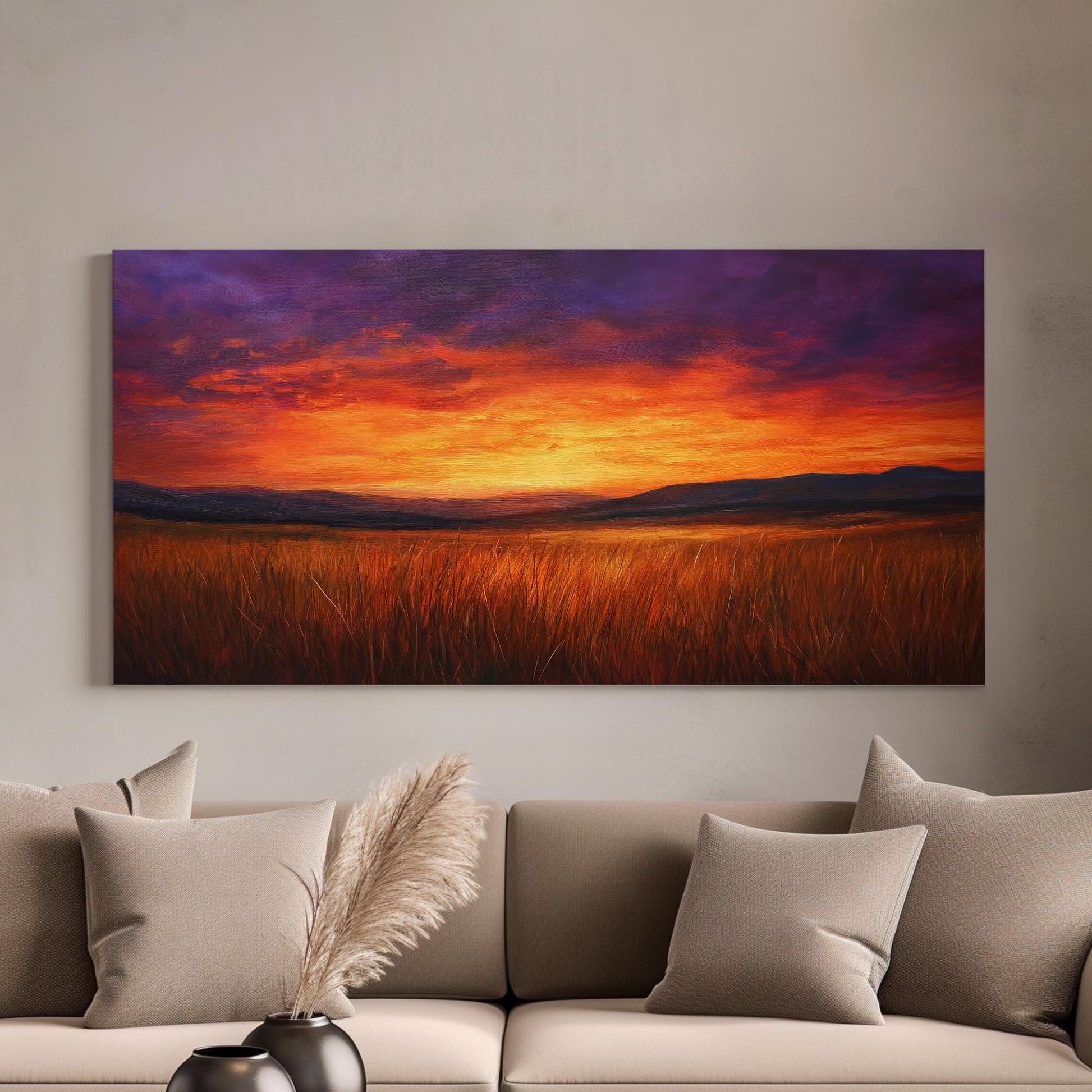 Sunset Prairie Canvas Art | Impasto Painting Print | Bohemian Wall Art For Living Room | Burnt Sienna Art | Eclectic Decor Horizontal Art