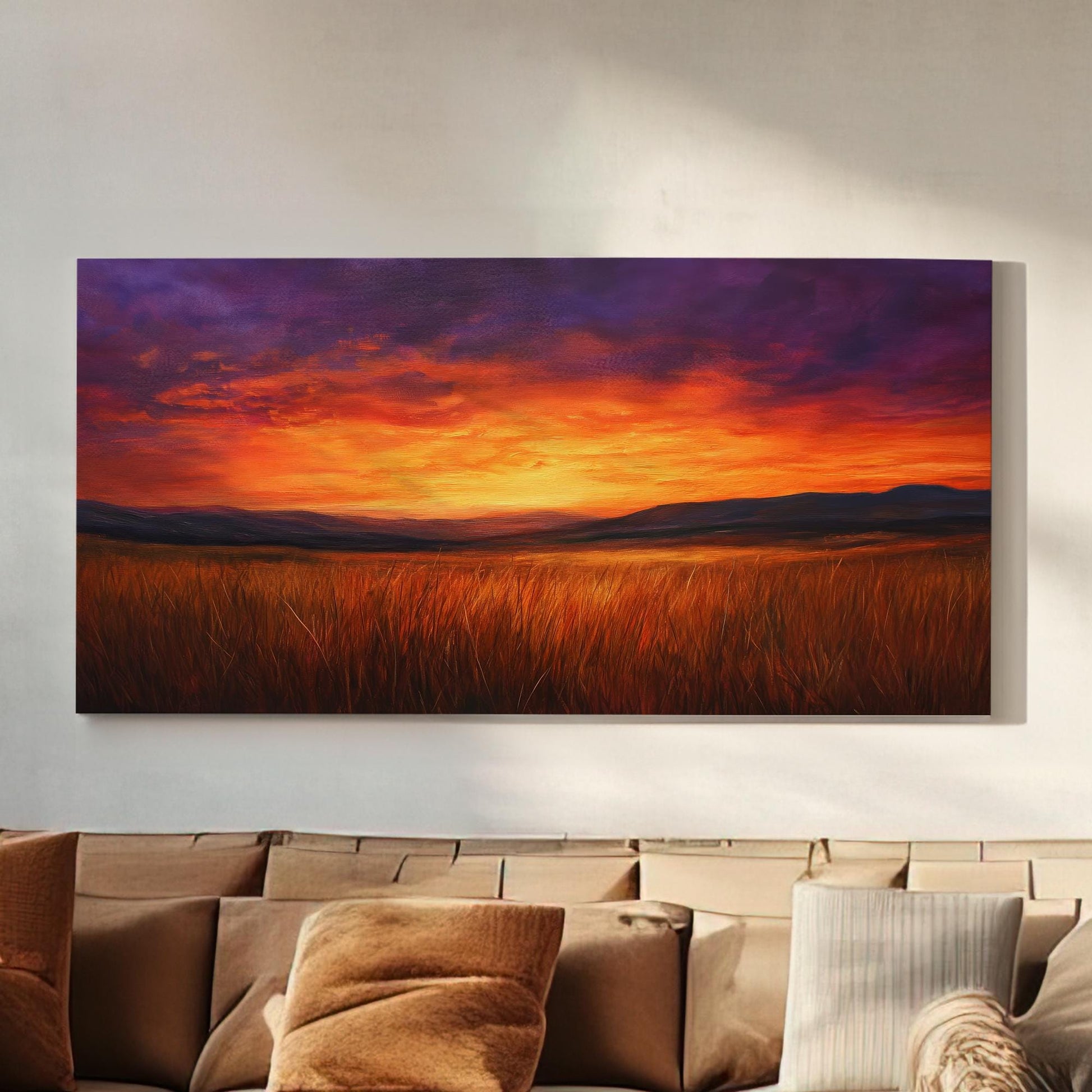 Sunset Prairie Canvas Art | Impasto Painting Print | Bohemian Wall Art For Living Room | Burnt Sienna Art | Eclectic Decor Horizontal Art