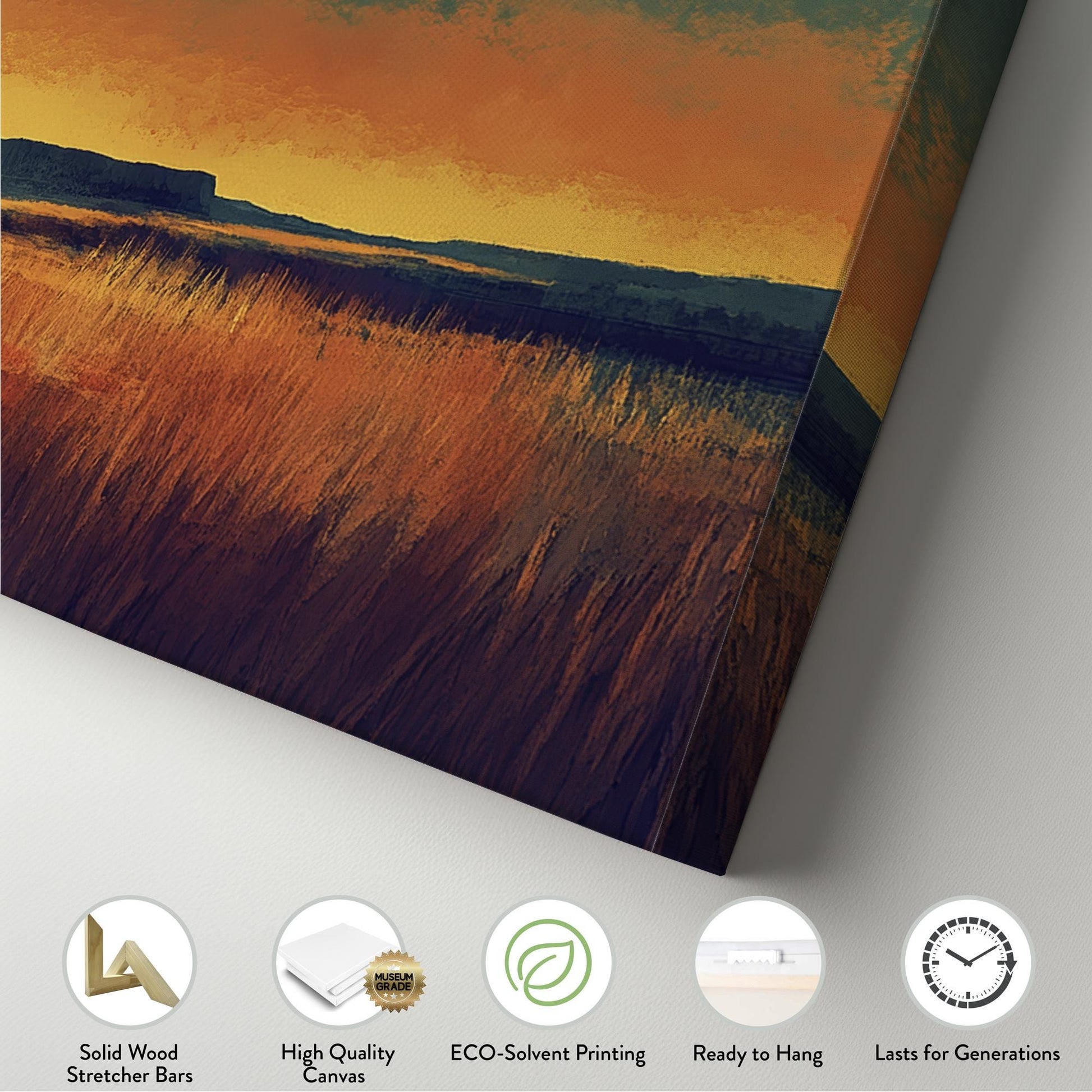 Sunset Prairie Canvas Art | Impasto Brushstroke Print | Mid Century Modern Wall Art For Living Room | Ochre and Ember Art Panoramic Wall Art