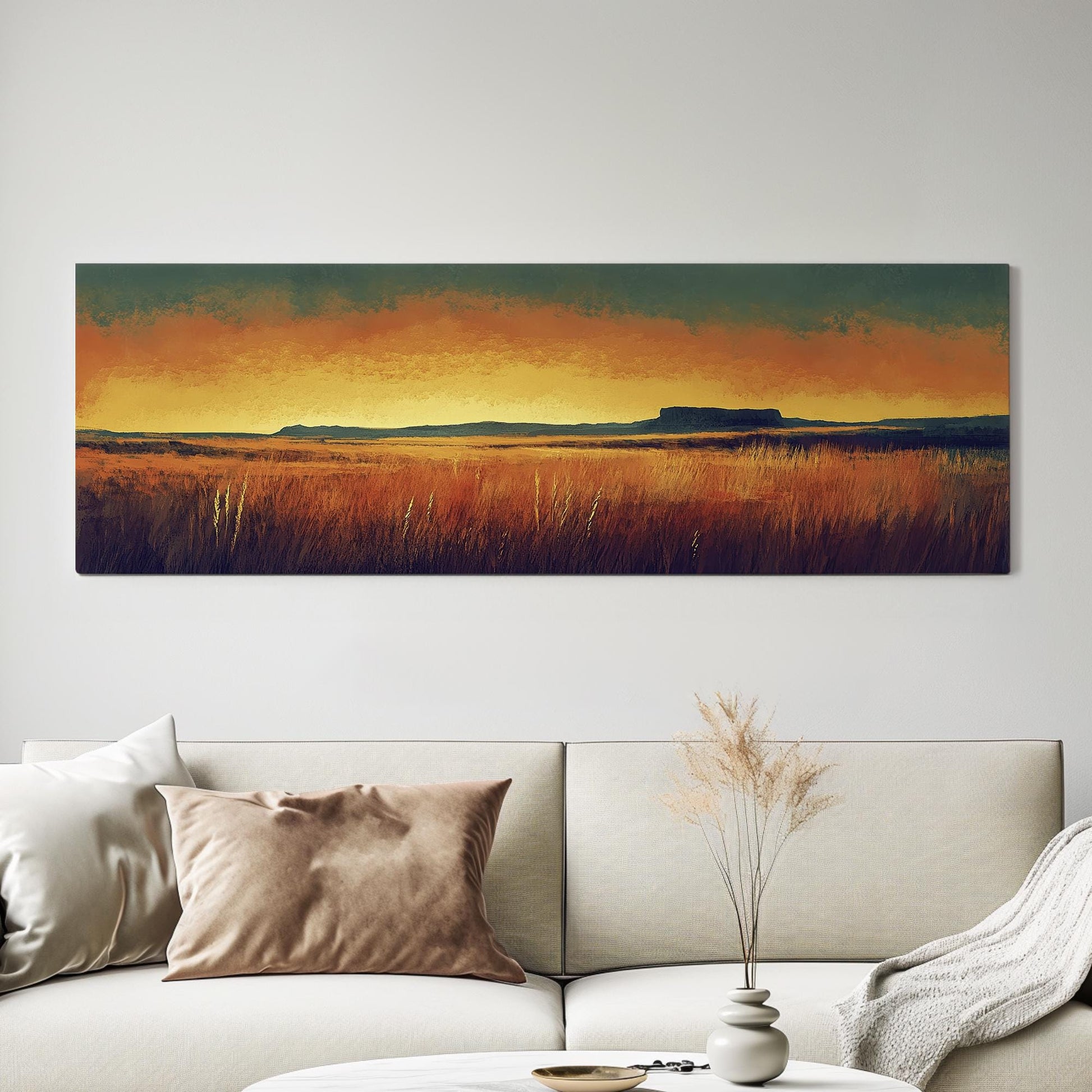 Sunset Prairie Canvas Art | Impasto Brushstroke Print | Mid Century Modern Wall Art For Living Room | Ochre and Ember Art Panoramic Wall Art