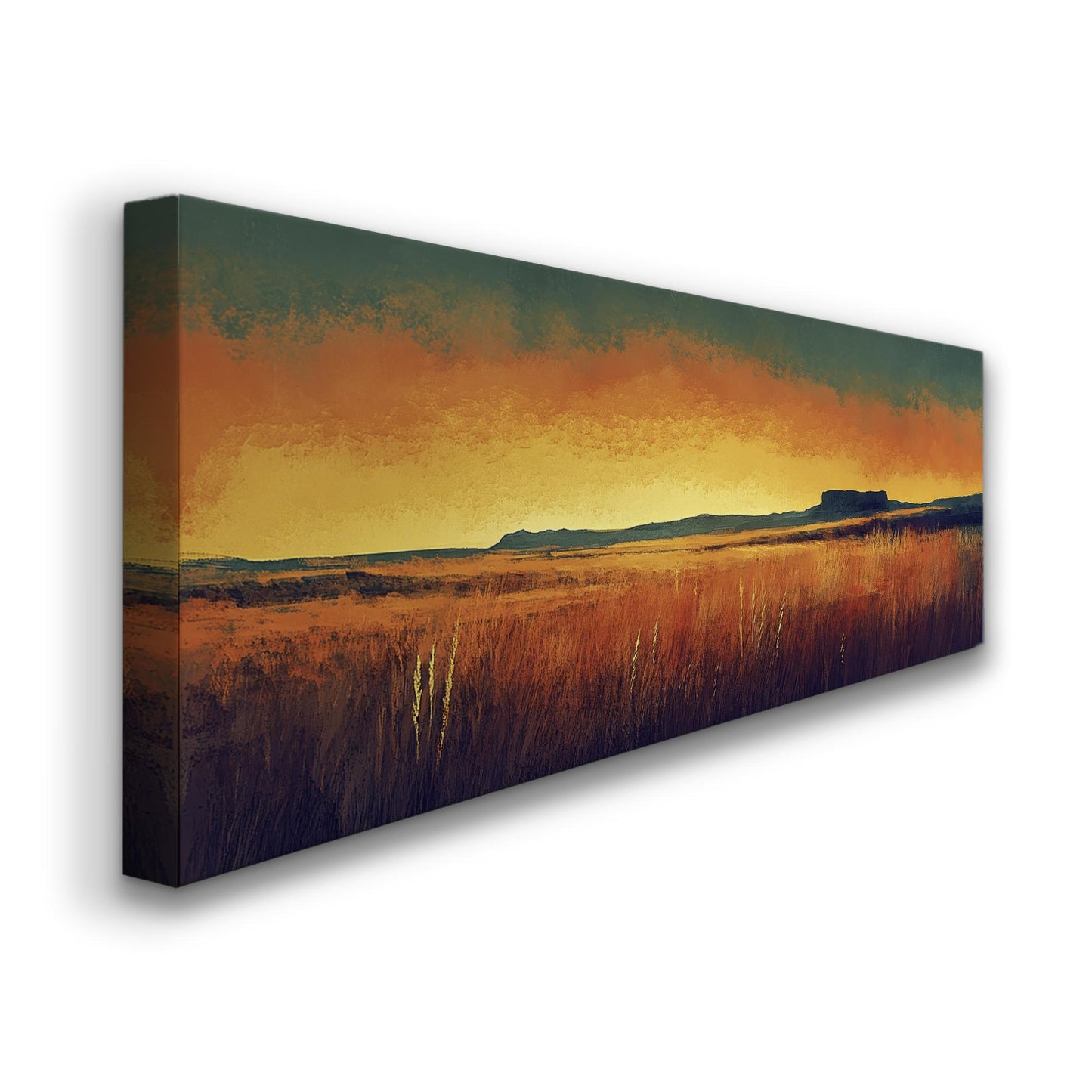 Sunset Prairie Canvas Art | Impasto Brushstroke Print | Mid Century Modern Wall Art For Living Room | Ochre and Ember Art Panoramic Wall Art